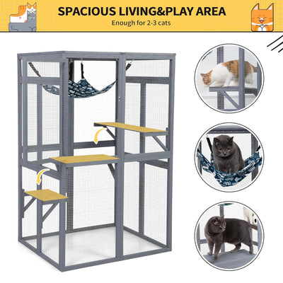 COZIWOW Outdoor Wooden Cat House Enclosure with Window Access, 3 Platforms, Grey - VMInnovations