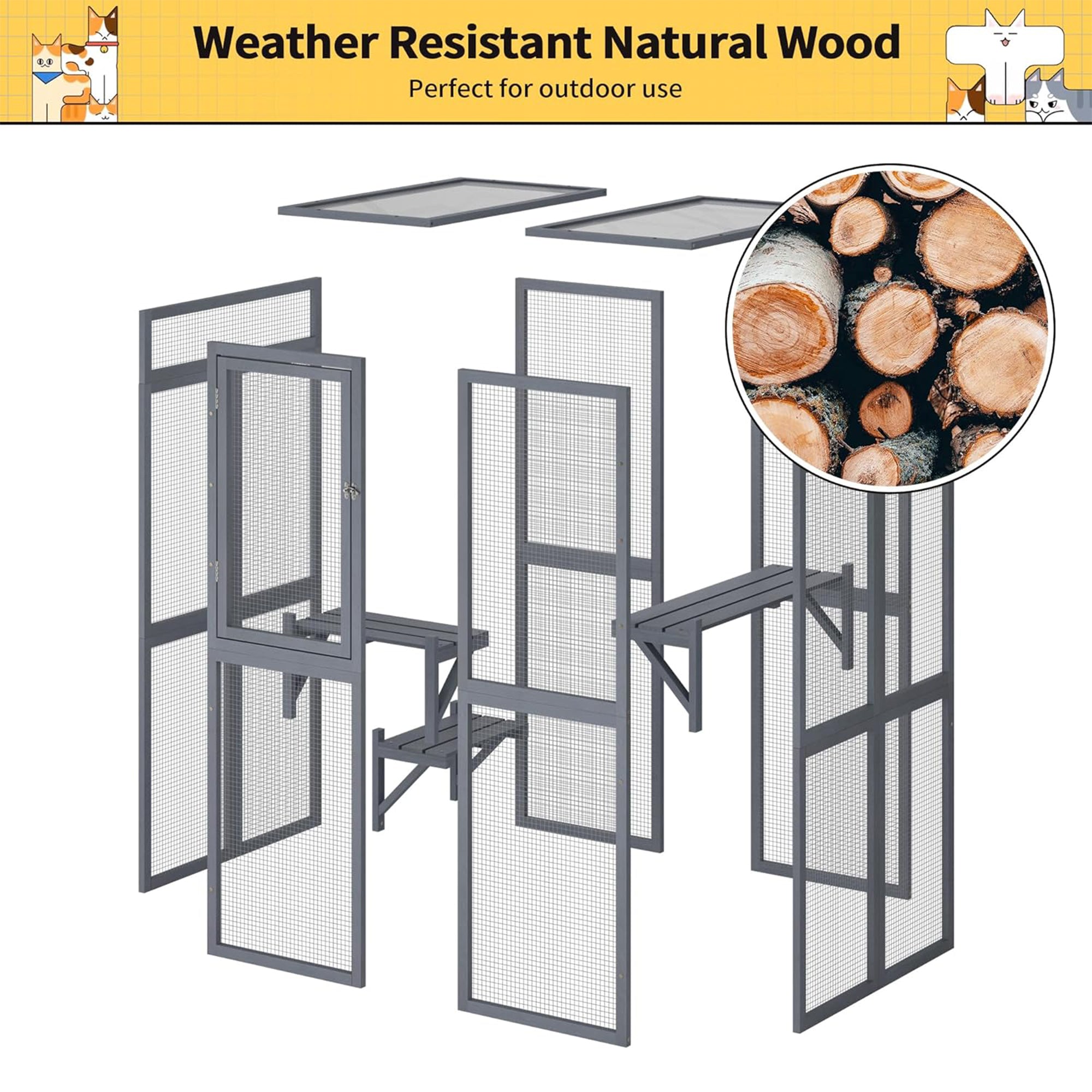 COZIWOW Outdoor Wooden Cat House Enclosure with Window Access, 3 Platforms, Grey - VMInnovations
