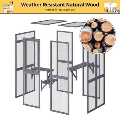 COZIWOW Outdoor Wooden Cat House Enclosure with Window Access, 3 Platforms, Grey - VMInnovations