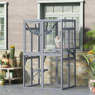 COZIWOW Outdoor Wooden Cat House Enclosure with Window Access, 3 Platforms, Grey - VMInnovations