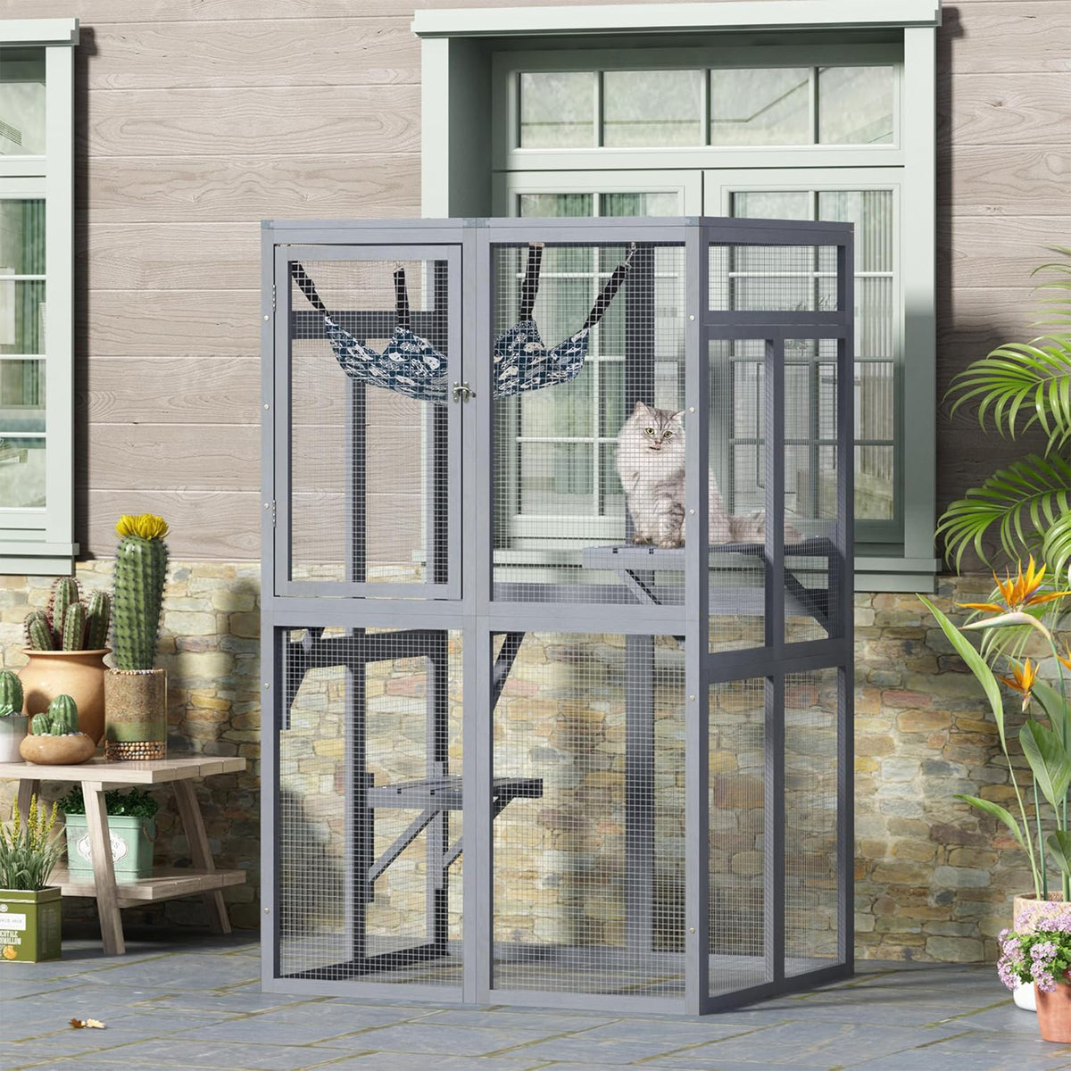 COZIWOW Outdoor Wooden Cat House Enclosure with Window Access, 3 Platforms, Grey (Open Box)