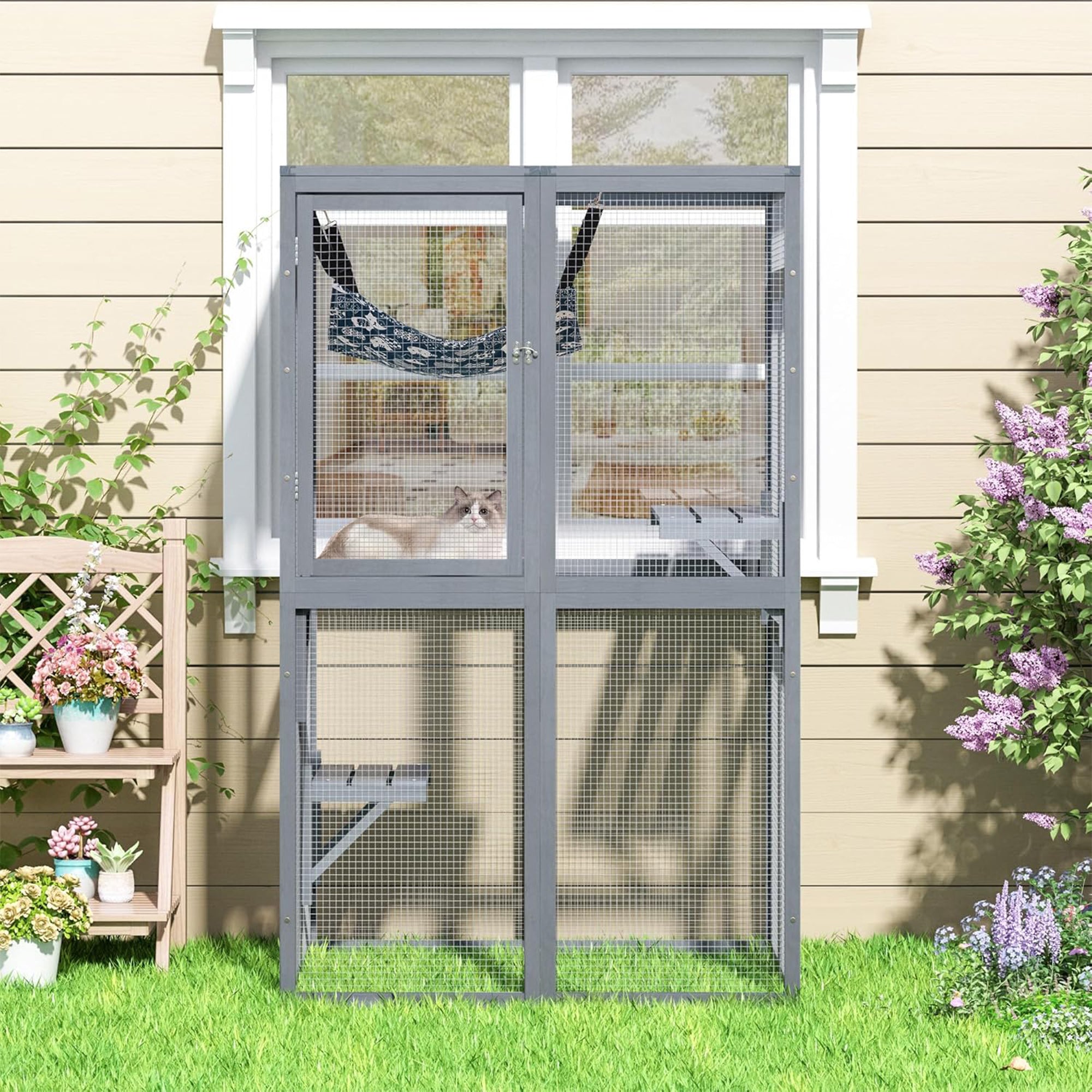 COZIWOW Outdoor Wooden Cat House Enclosure with Window Access, 3 Platforms, Grey - VMInnovations