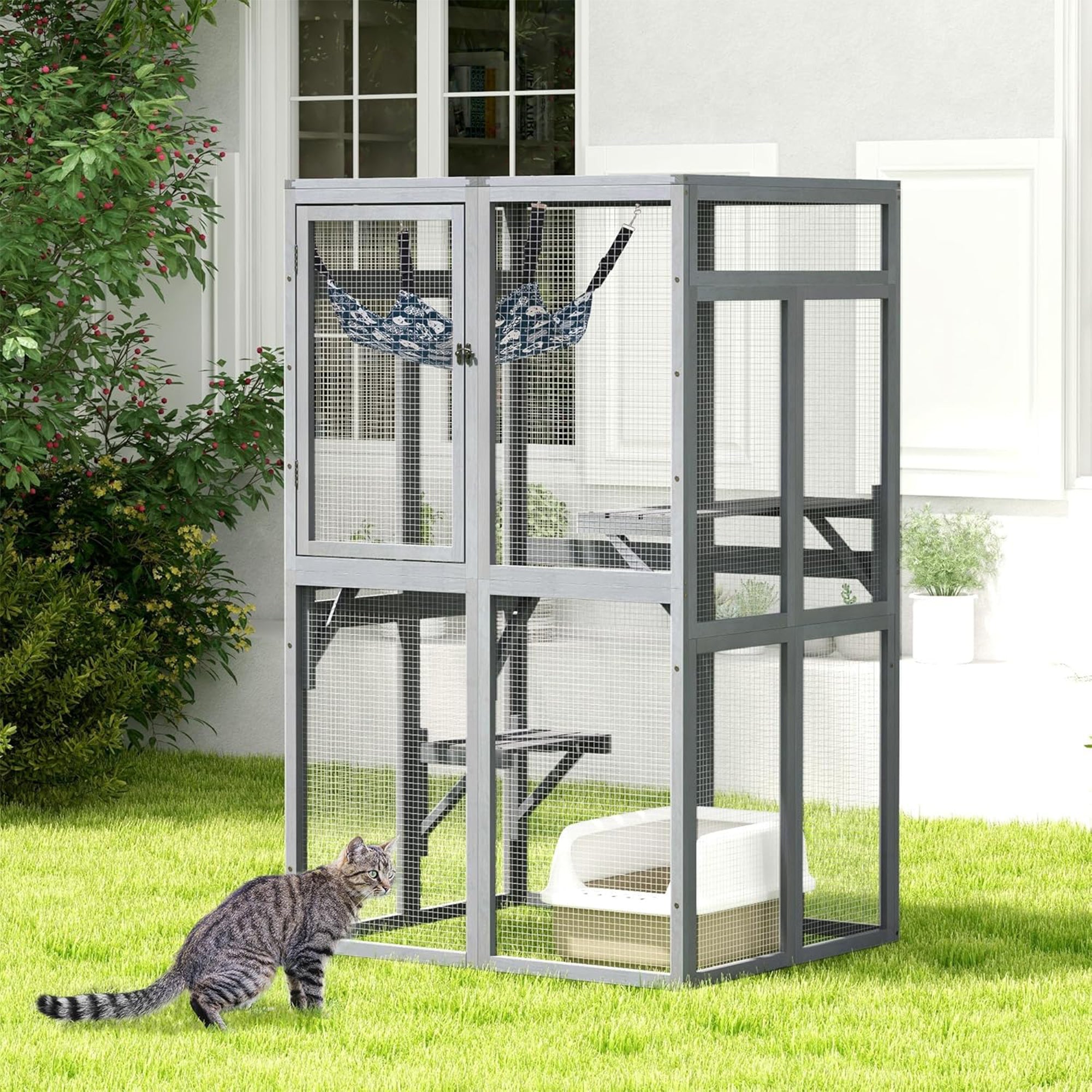 COZIWOW Outdoor Wooden Cat House Enclosure with Window Access, 3 Platforms, Grey - VMInnovations