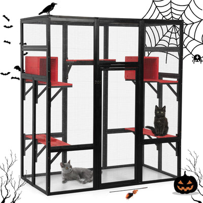 COZIWOW 70" Large Wooden Outdoor Cat House w/ Perches, UV-Resistant Roof, Gothic - VMInnovations