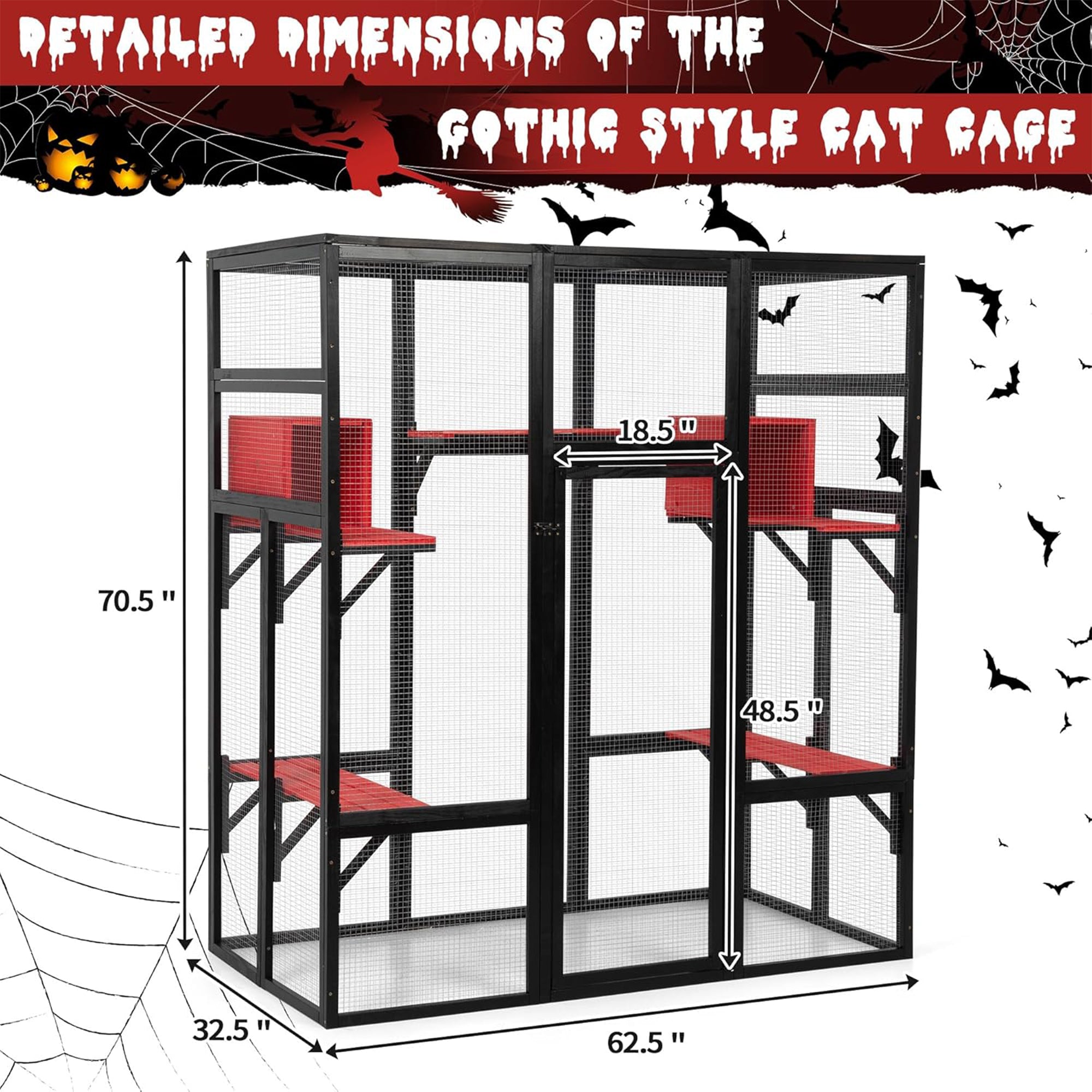 COZIWOW 70" Large Wooden Outdoor Cat House w/ Perches, UV-Resistant Roof, Gothic - VMInnovations