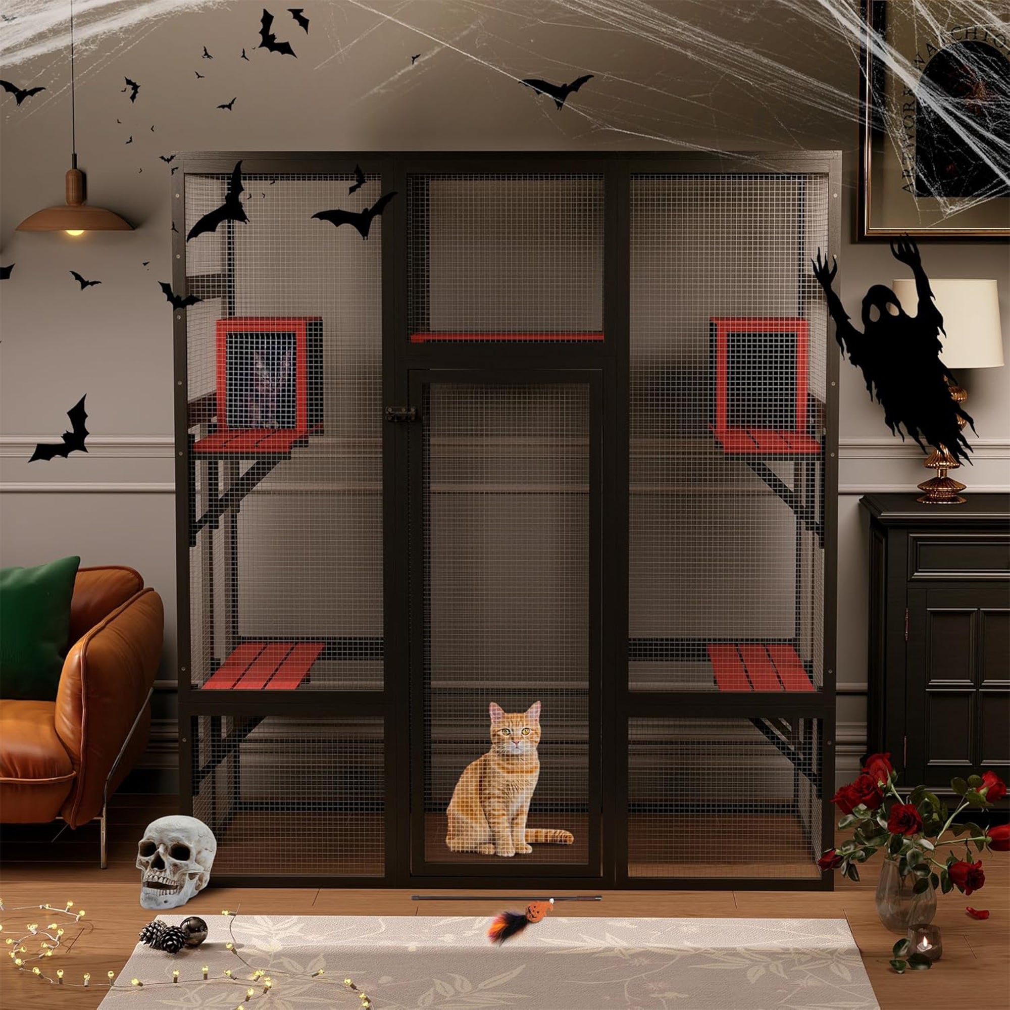 COZIWOW 70" Large Wooden Outdoor Cat House w/ Perches, UV-Resistant Roof, Gothic - VMInnovations