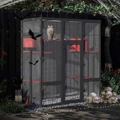 COZIWOW 70" Large Wooden Outdoor Cat House w/ Perches, UV-Resistant Roof, Gothic - VMInnovations