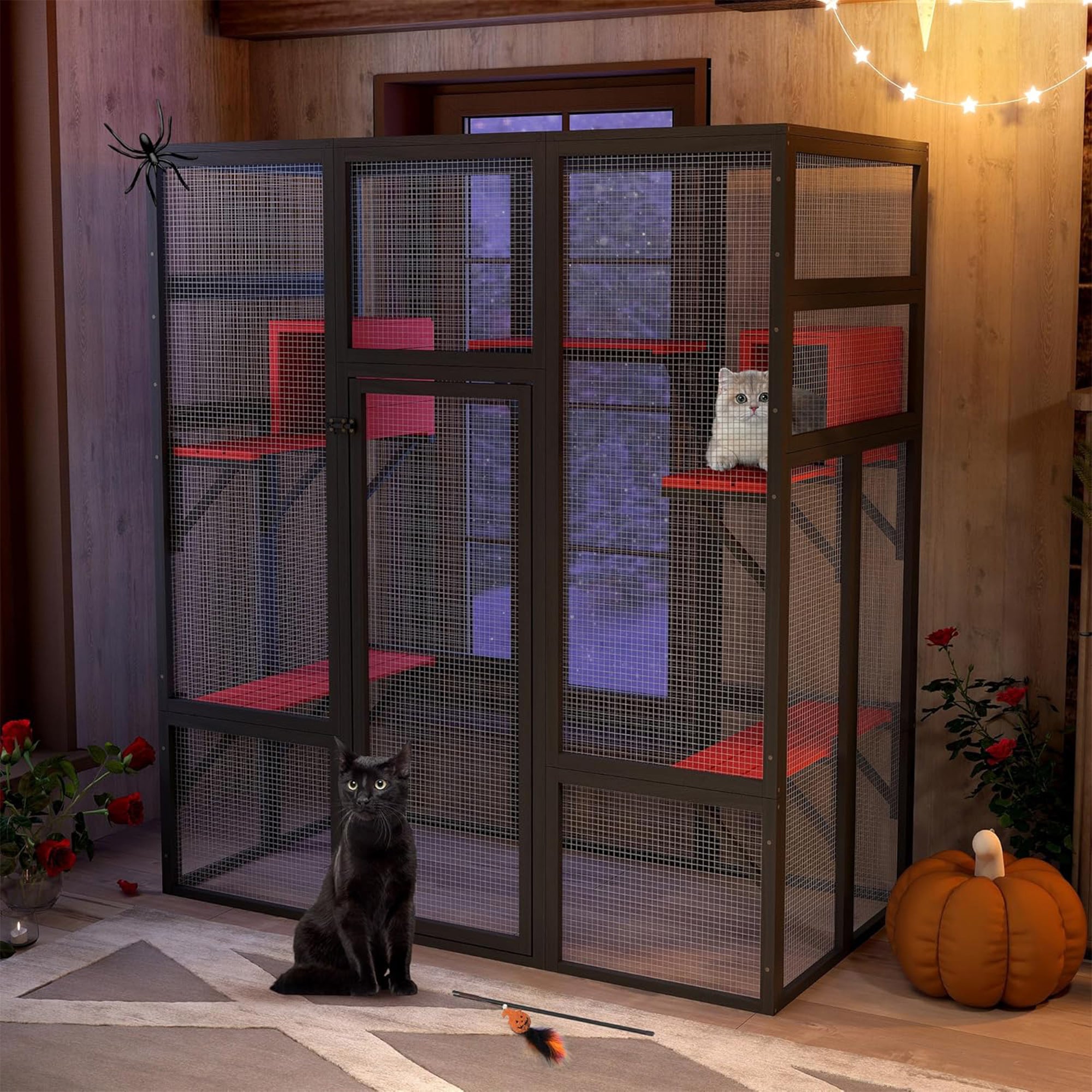 COZIWOW 70" Large Wooden Outdoor Cat House w/ Perches, UV-Resistant Roof, Gothic - VMInnovations