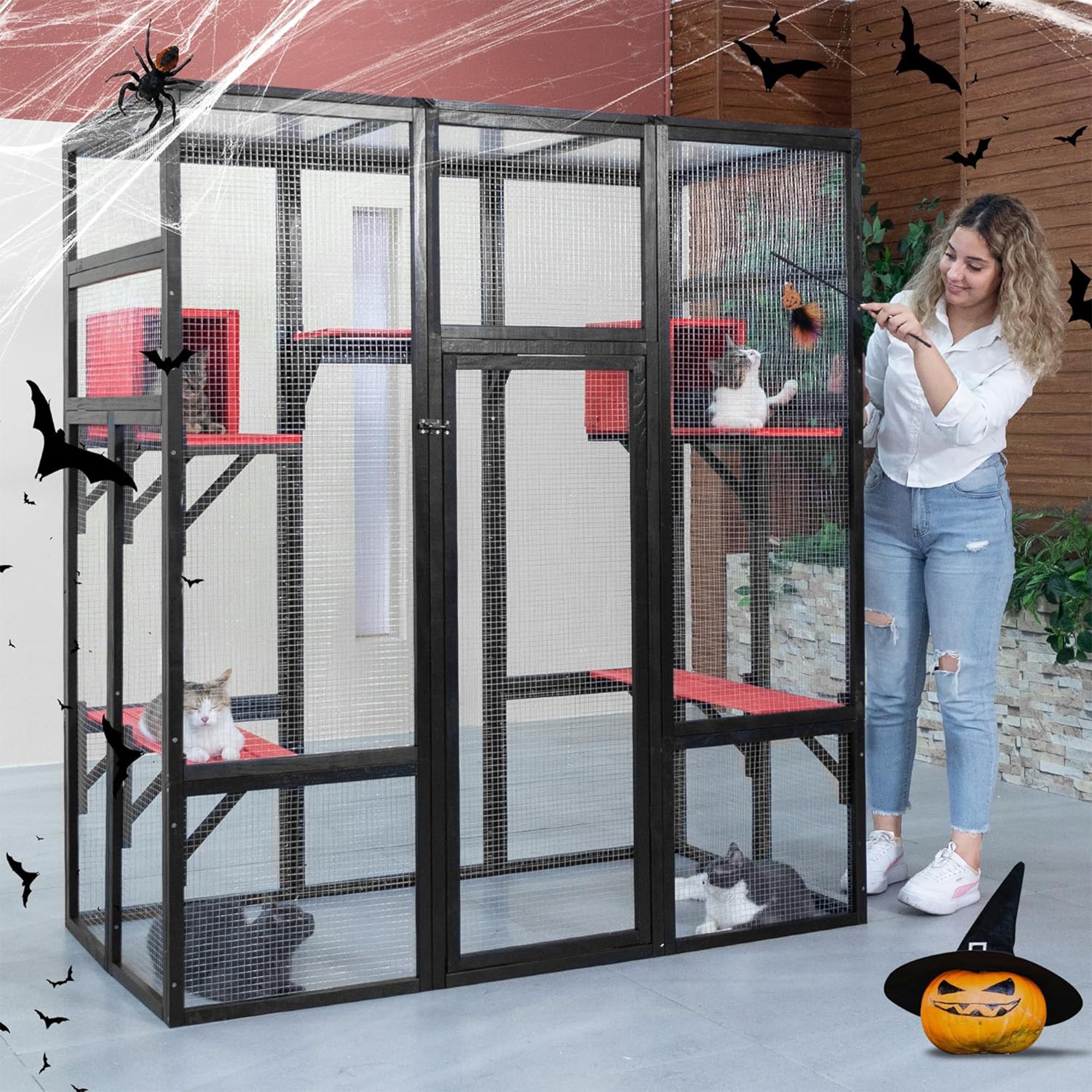 COZIWOW 70" Large Wooden Outdoor Cat House w/ Perches, UV-Resistant Roof, Gothic - VMInnovations