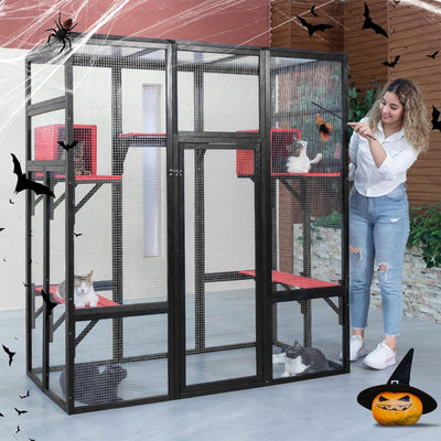 COZIWOW 70" Large Wooden Outdoor Cat House w/ Perches, UV-Resistant Roof, Gothic - VMInnovations