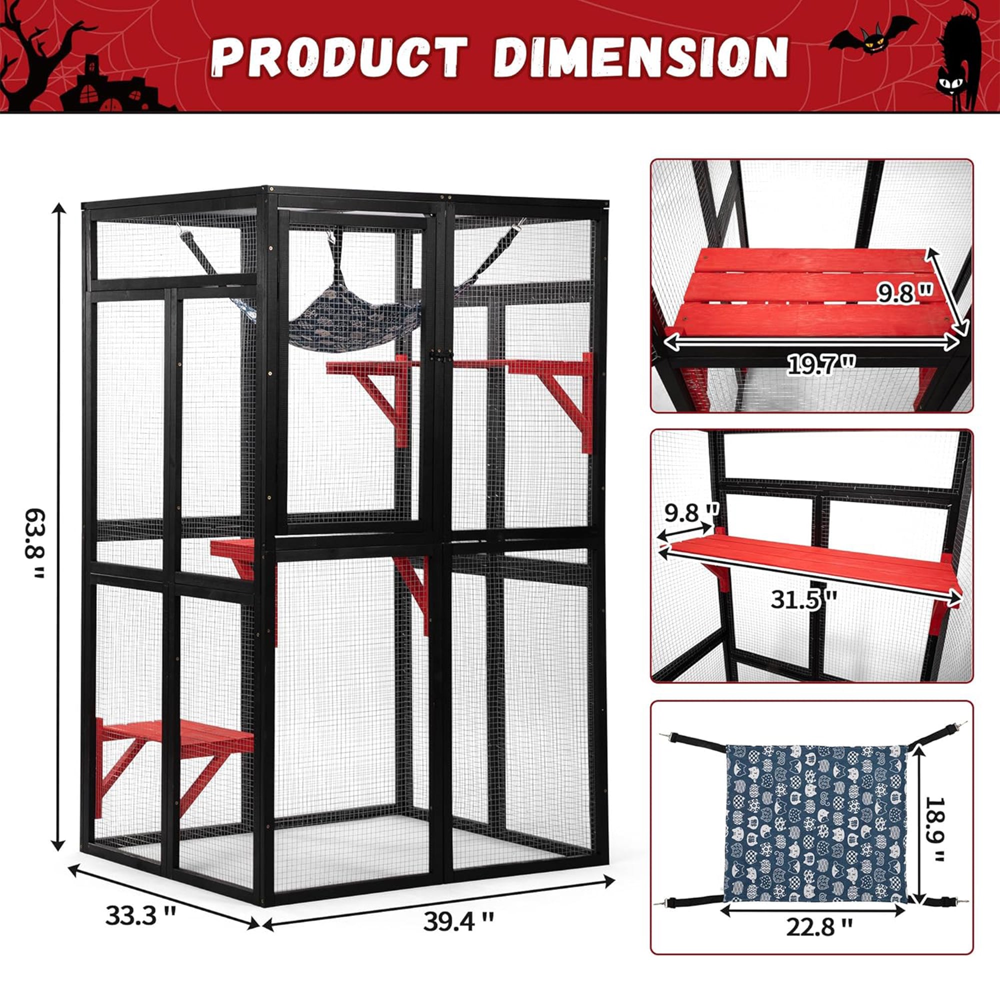 COZIWOW Outdoor Wooden Cat House Enclosure w/ Window Access, 3 Platforms, Gothic - VMInnovations