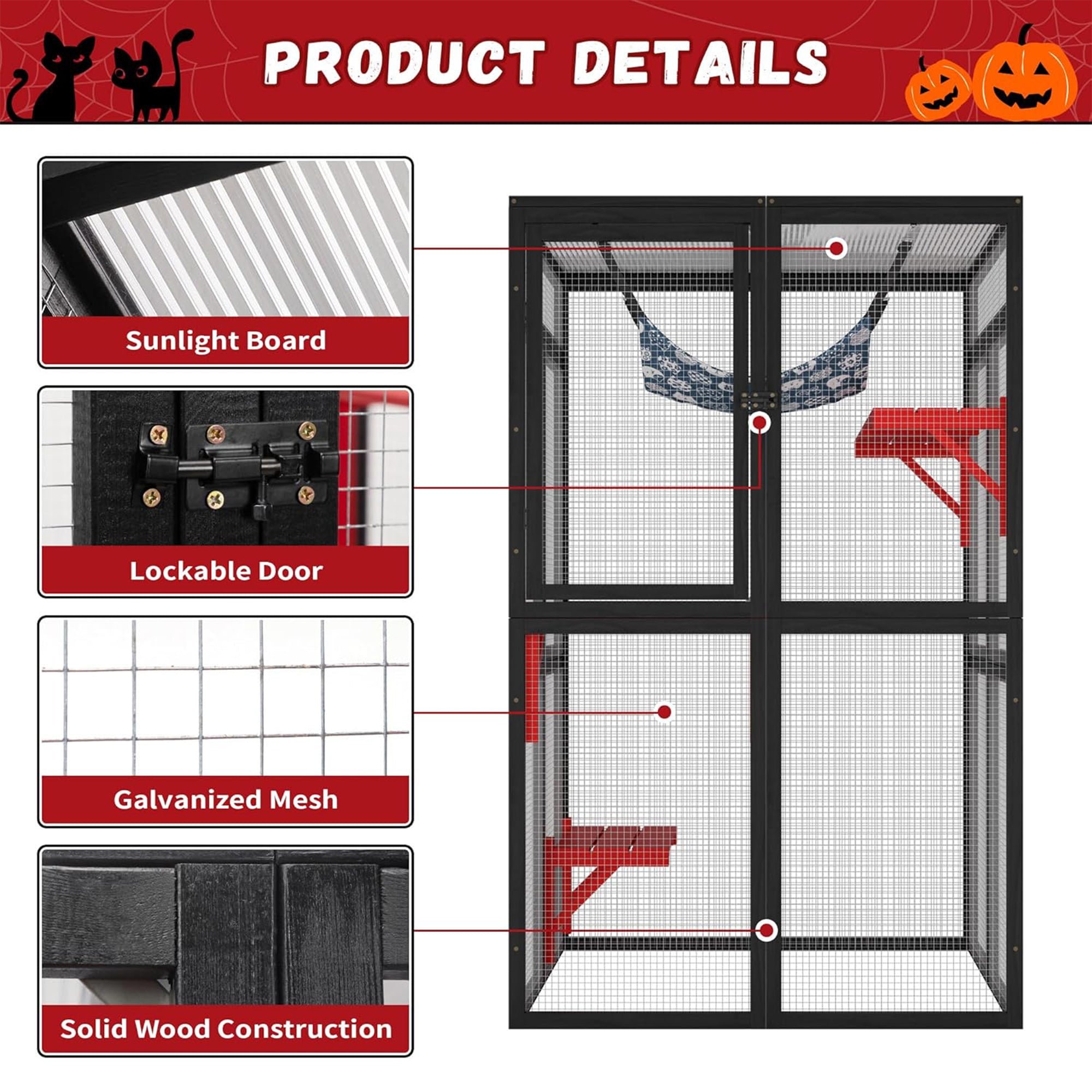 COZIWOW Outdoor Wooden Cat House Enclosure w/ Window Access, 3 Platforms, Gothic - VMInnovations