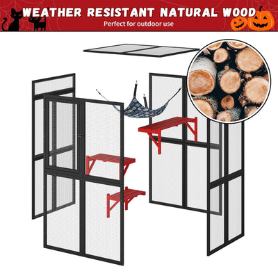 COZIWOW Outdoor Wooden Cat House Enclosure w/ Window Access, 3 Platforms, Gothic - VMInnovations