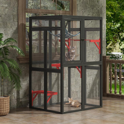 COZIWOW Outdoor Wooden Cat House Enclosure w/ Window Access, 3 Platforms, Gothic - VMInnovations