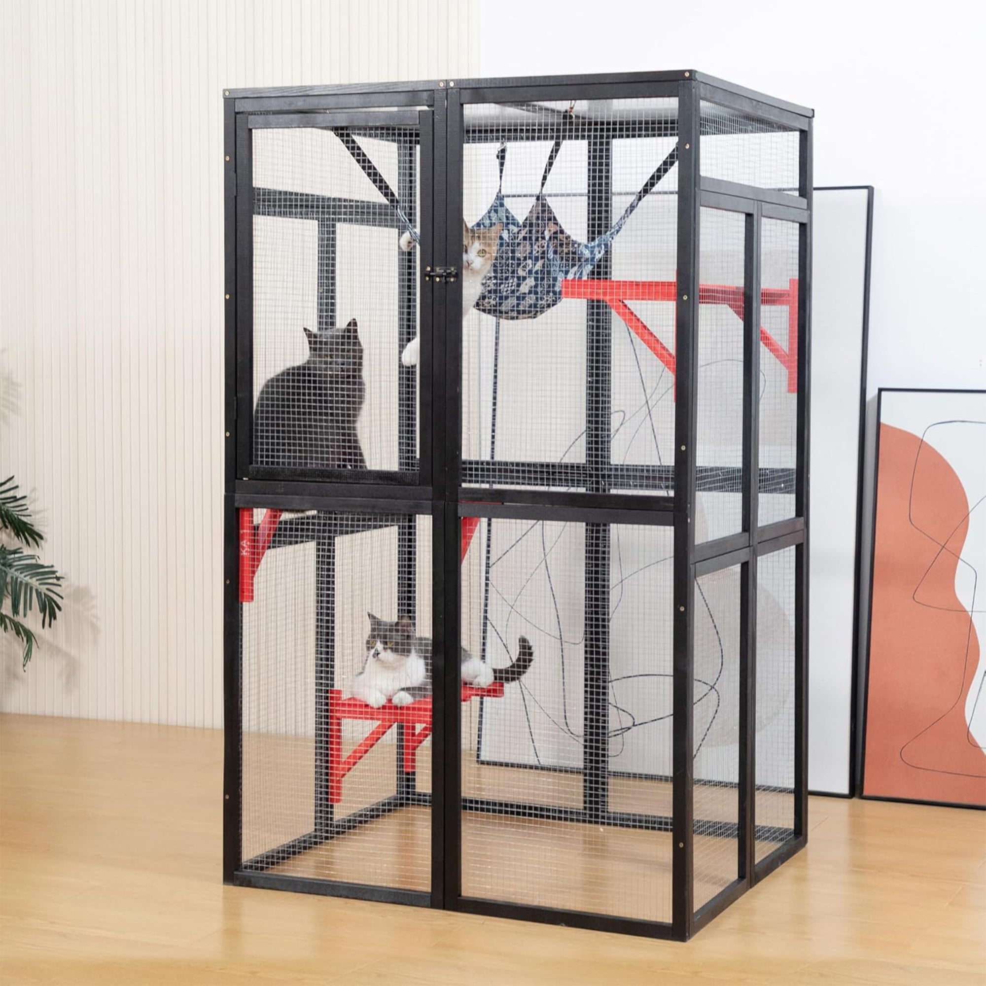 COZIWOW Outdoor Wooden Cat House Enclosure w/ Window Access, 3 Platforms, Gothic - VMInnovations