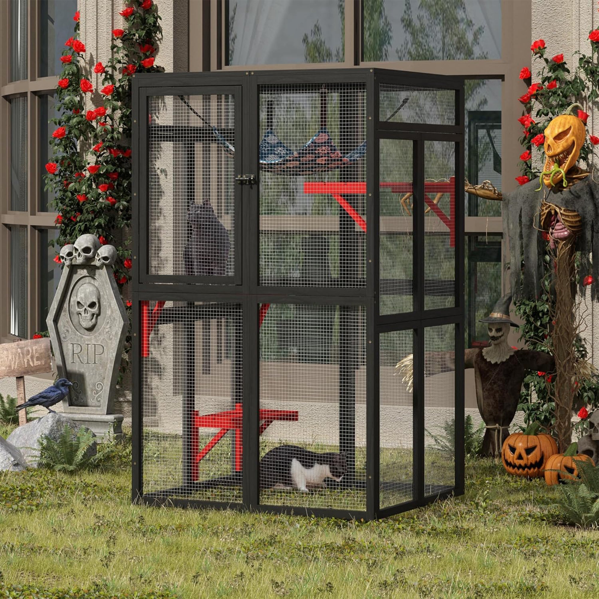 COZIWOW Outdoor Wooden Cat House Enclosure w/ Window Access, 3 Platforms, Gothic - VMInnovations