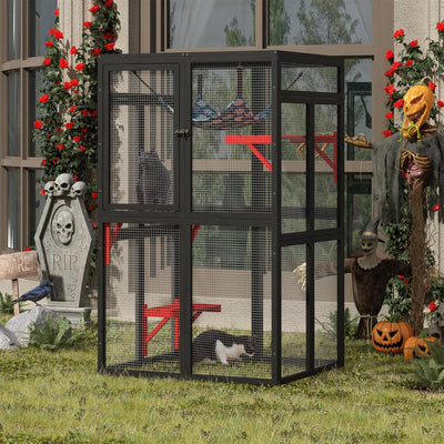 COZIWOW Outdoor Wooden Cat House Enclosure w/ Window Access, 3 Platforms, Gothic - VMInnovations