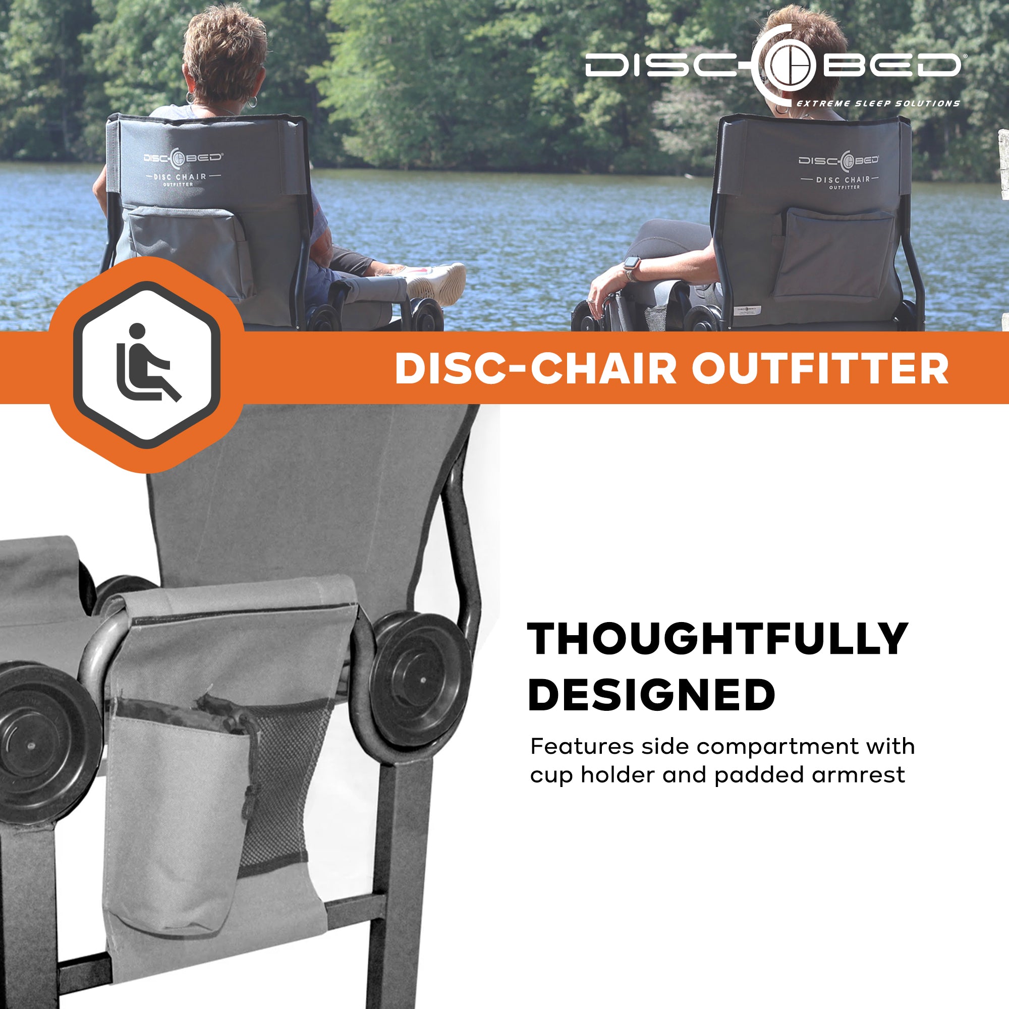 Disc-O-Bed Outfitter Disc-Chair with Compartments for Outdoor Camping, Grey - VMInnovations