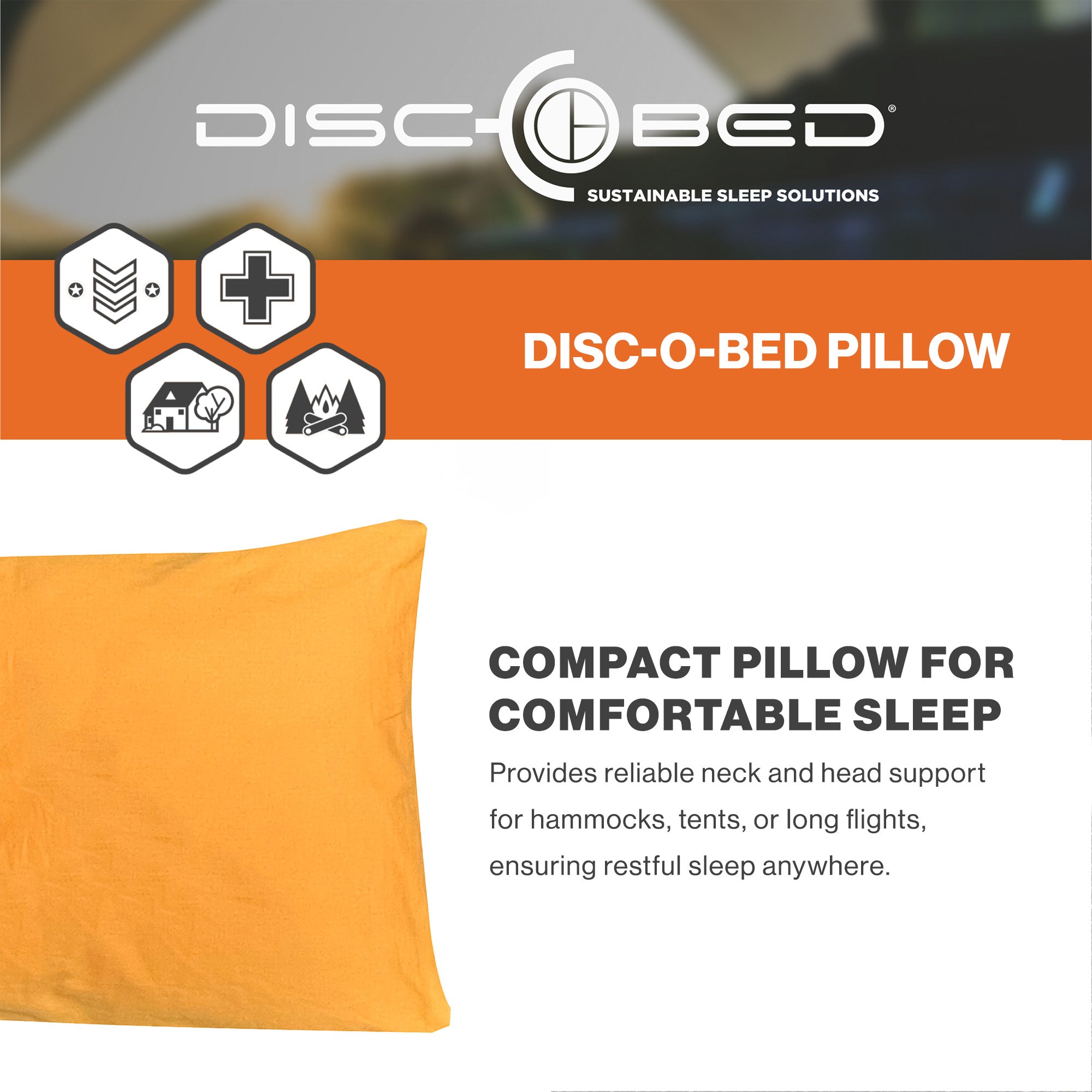 Disc-O-Bed Lightweight Travel Pillow, Camp Packable with Washable Cover, Orange - VMInnovations