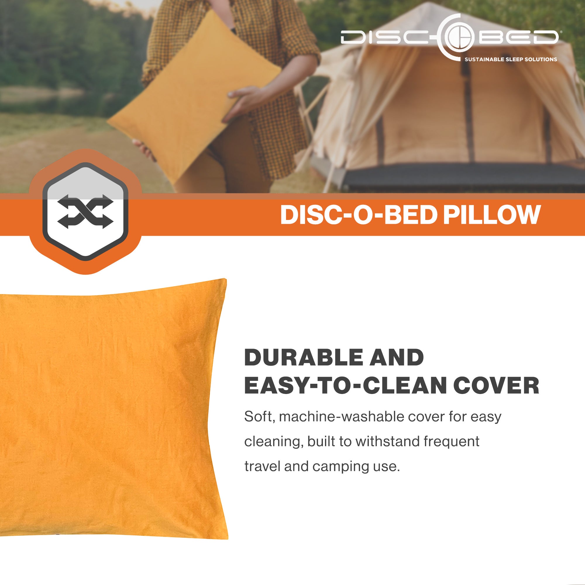 Disc-O-Bed Lightweight Travel Pillow, Camp Packable with Washable Cover, Orange - VMInnovations