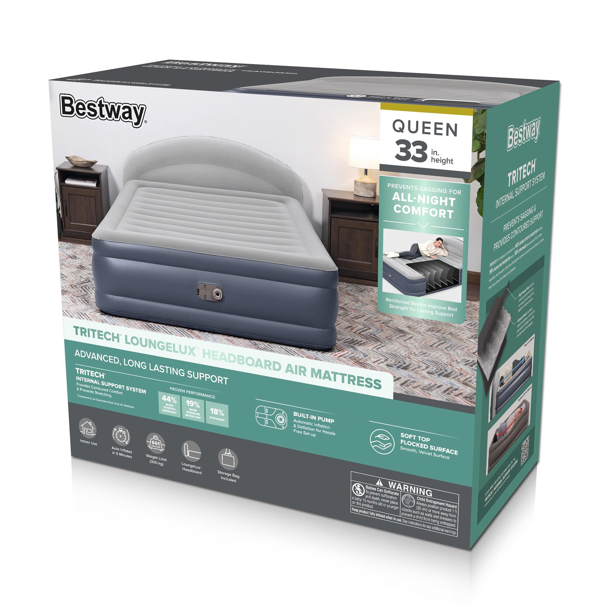 Bestway Tritech LoungeLux Headboard Queen Air Mattress w Built-in AC Pump (Used)
