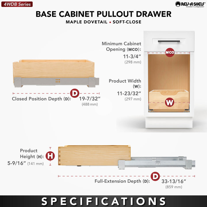 Rev-A-Shelf 11.71" Pullout Kitchen Cabinet Drawer w/ Soft-close, 4WDB-1219SC-1