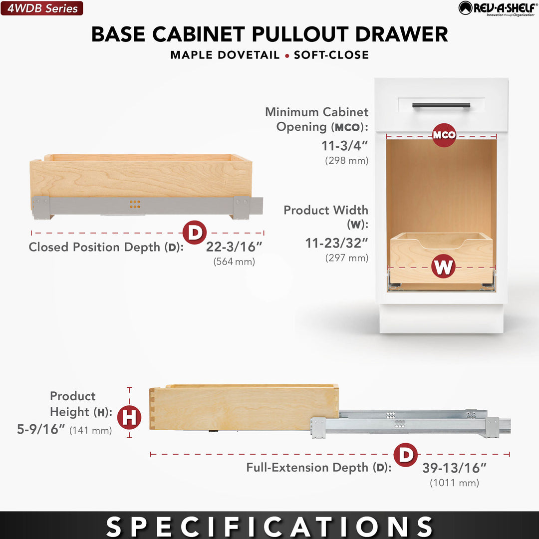 Rev-A-Shelf 11.71" Pullout Kitchen Cabinet Drawer w/ Soft-close, 4WDB-12SC-1