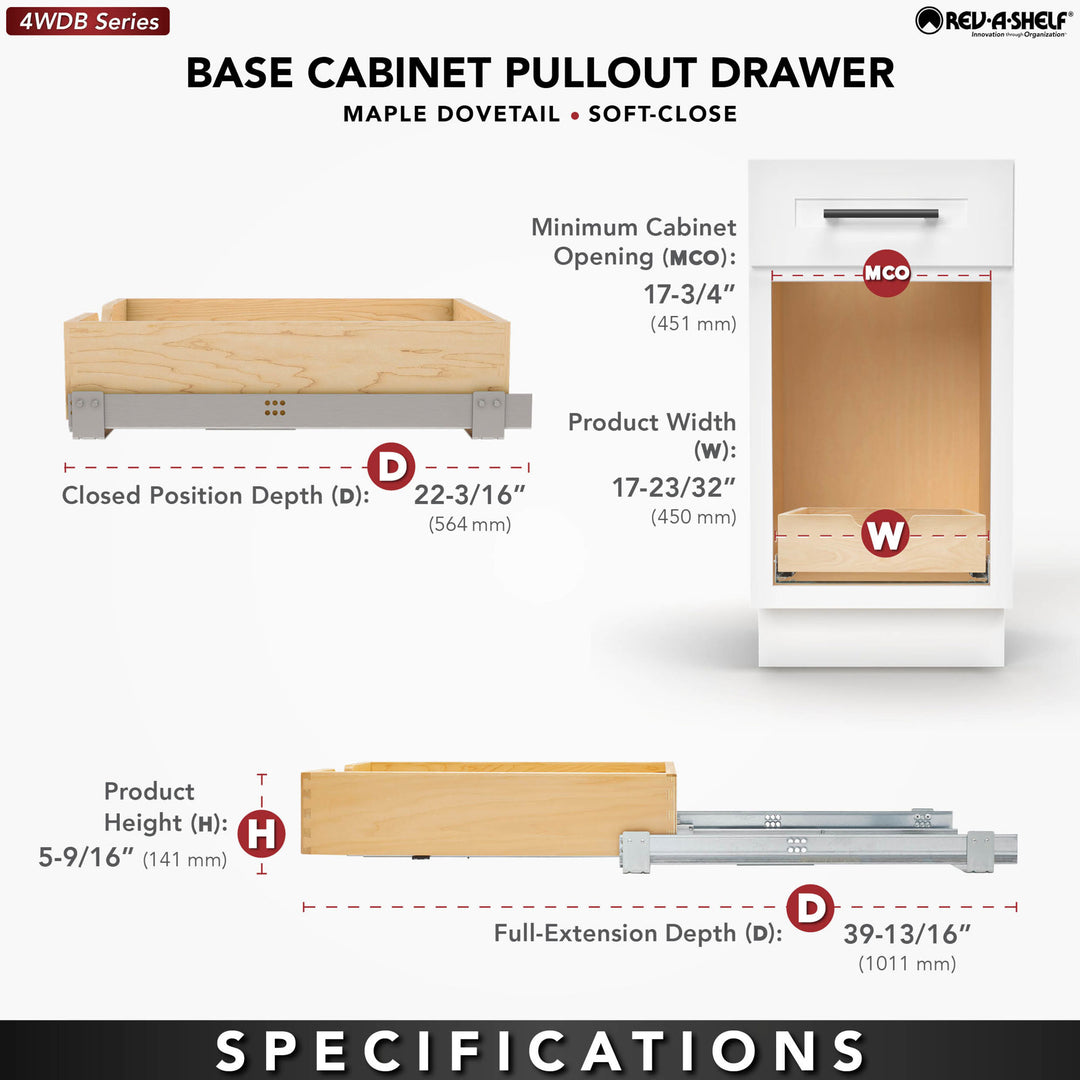 Rev-A-Shelf 17.71" Pullout Kitchen Cabinet Drawer w/ Soft-close, 4WDB-18SC-1