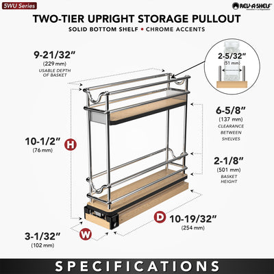 Rev-A-Shelf 3" Pullout Organizer for Cabinets, 2 Tier Upright Shelf, 5WU2-3N1-1 - VMInnovations