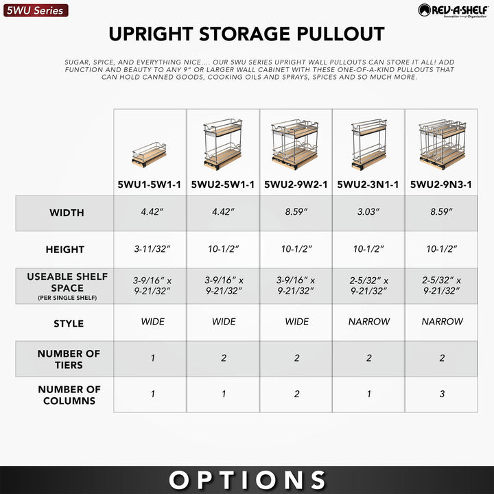 Rev-A-Shelf 5" Pullout Organizer for Cabinets, 2 Tier Upright Shelf, 5WU2-5W1-1