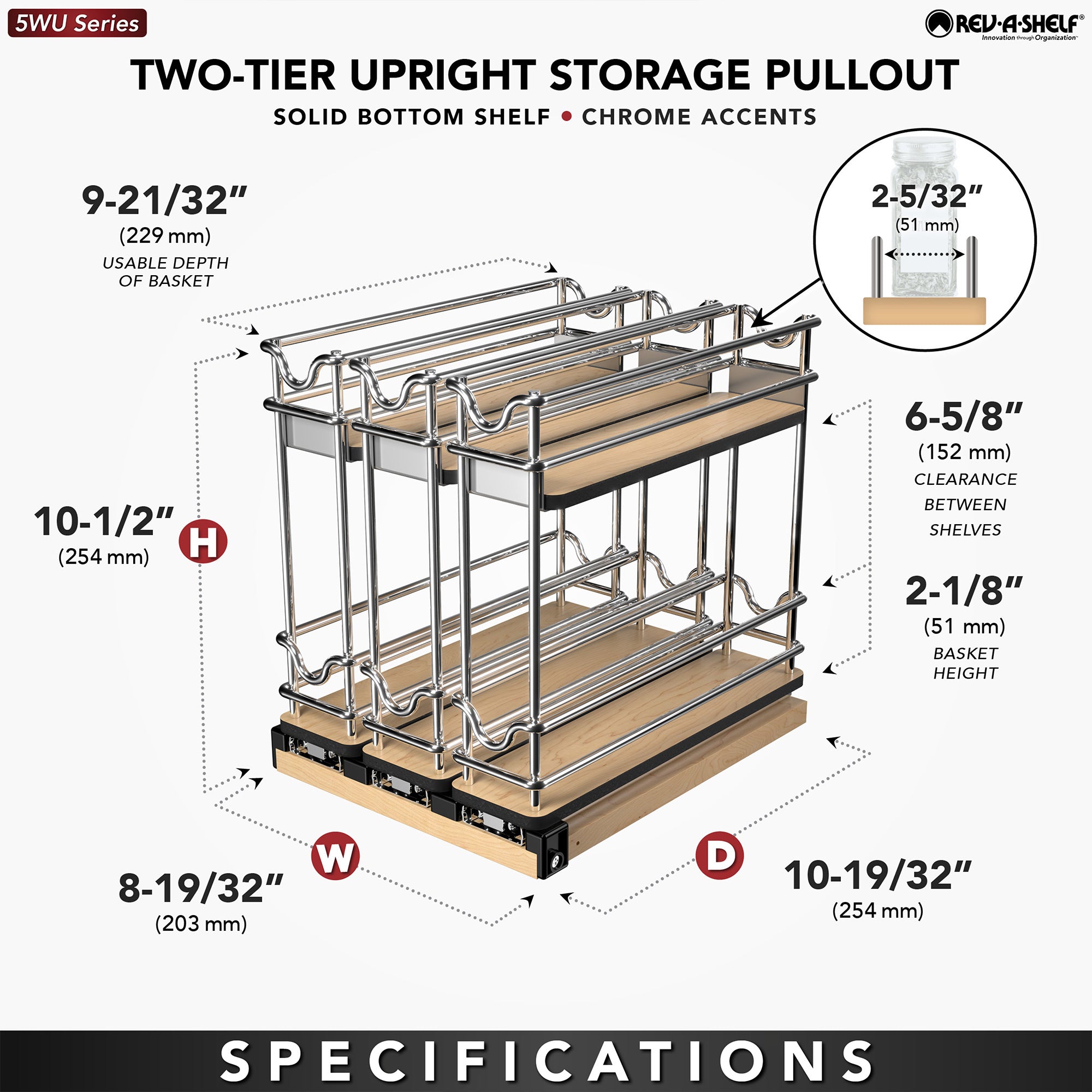 Rev-A-Shelf 9" Pullout Organizer for Cabinets, 2 Tier Upright Shelf, 5WU2-3N1-1 - VMInnovations