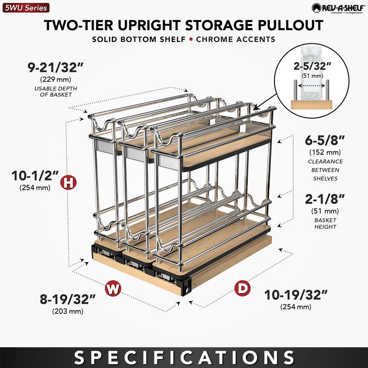 Rev-A-Shelf 9" Pullout Organizer for Cabinets, 2 Tier Upright Shelf, 5WU2-3N1-1