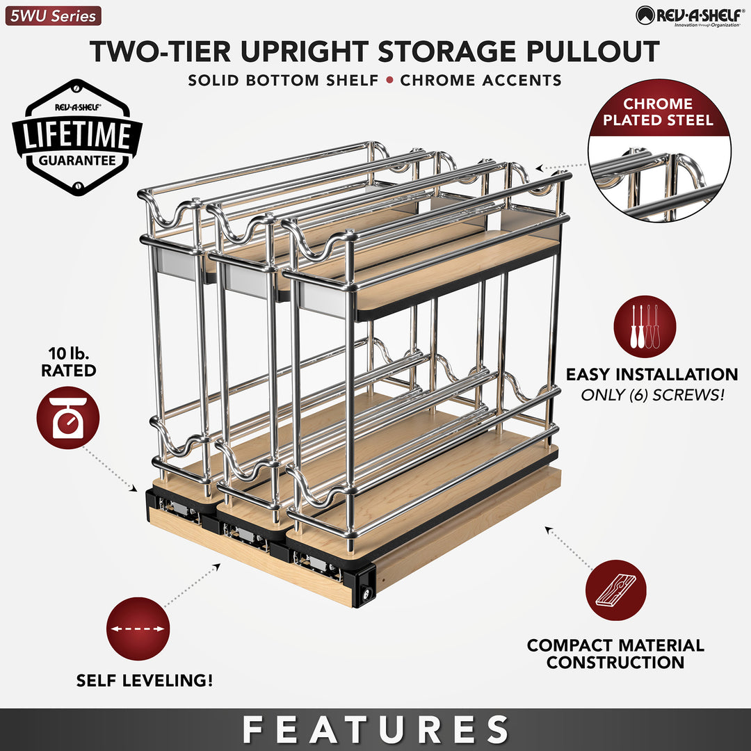 Rev-A-Shelf 9" Pullout Organizer for Cabinets, 2 Tier Upright Shelf, 5WU2-3N1-1