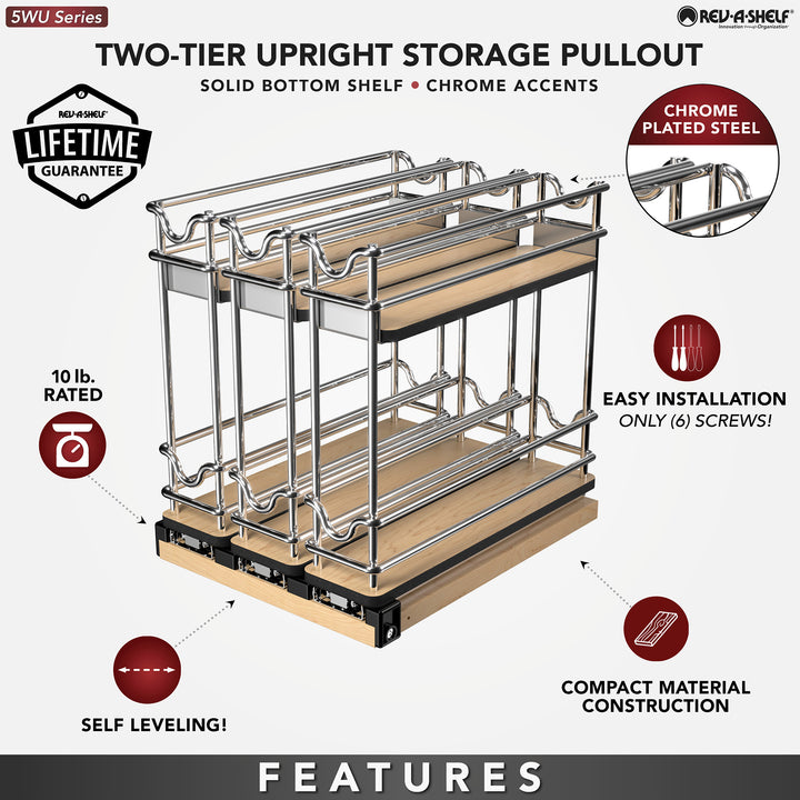 Rev-A-Shelf 9" Pullout Organizer for Cabinets, 2 Tier Upright Shelf, 5WU2-3N1-1
