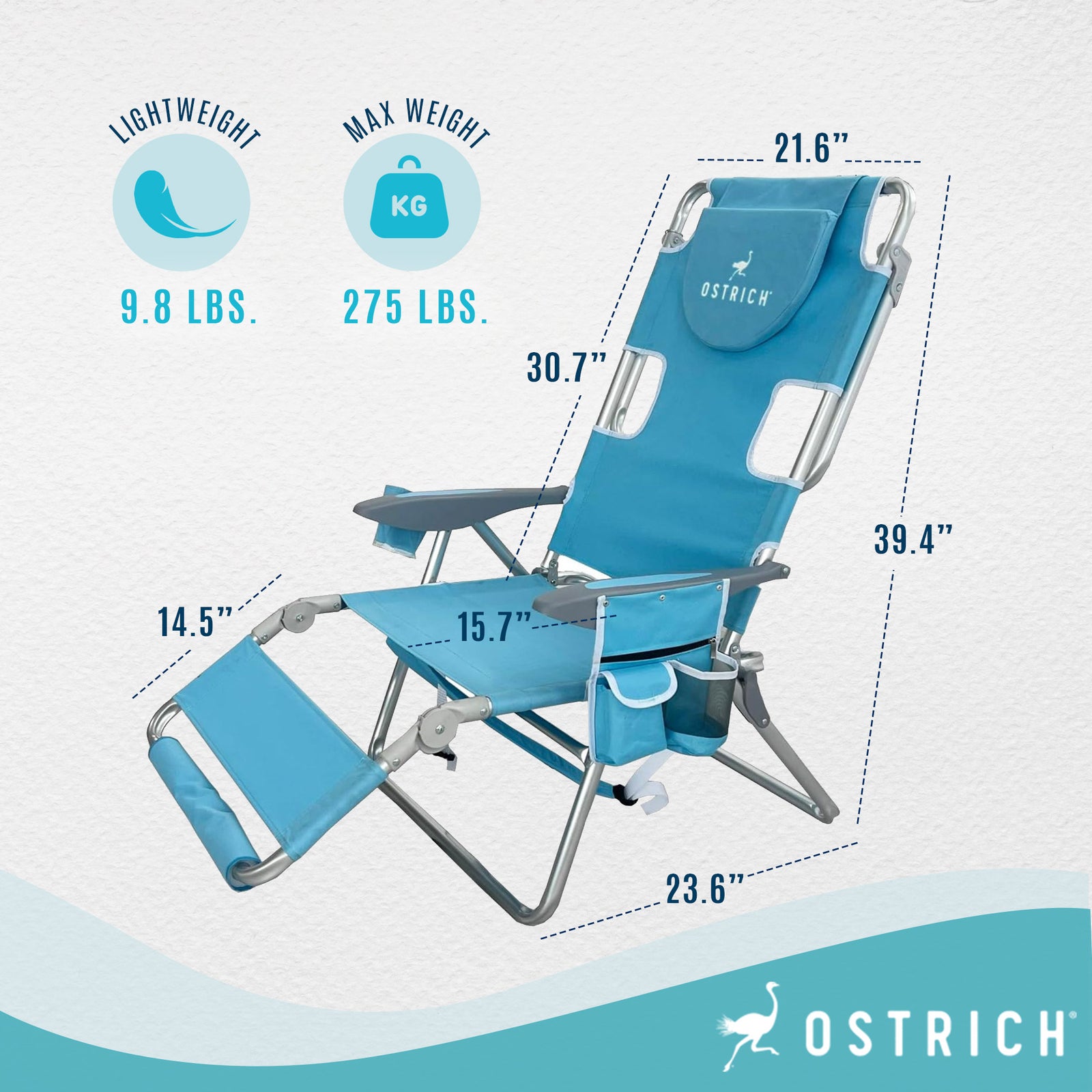 Deltess Ostrich 3 In 1 Portable Chair & Reclining Lounger, Light Blue (Open Box) - VMInnovations