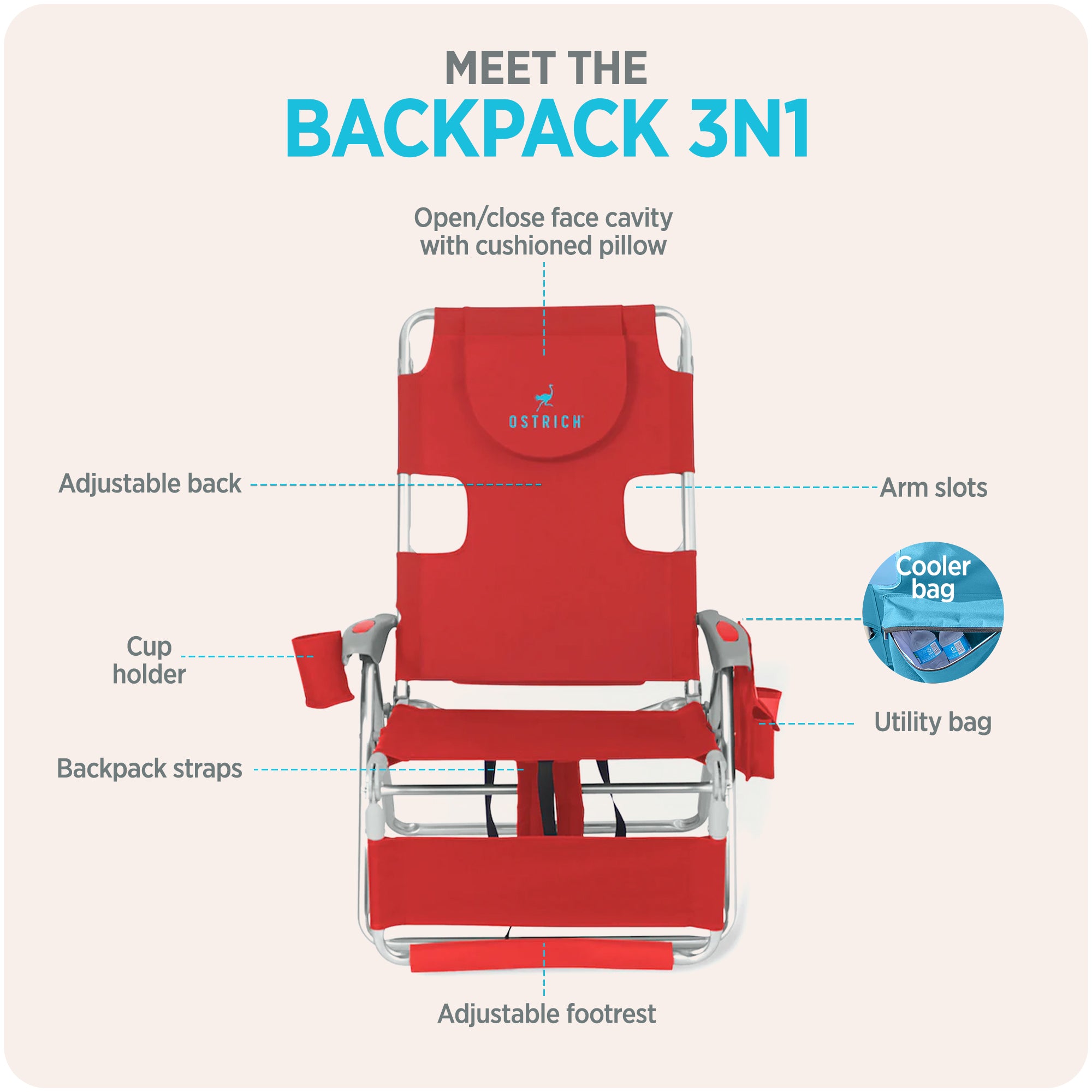 Deltess Ostrich 3 In 1 Portable Chair Cooler Bag & Reclining Lounger, Red (Used)