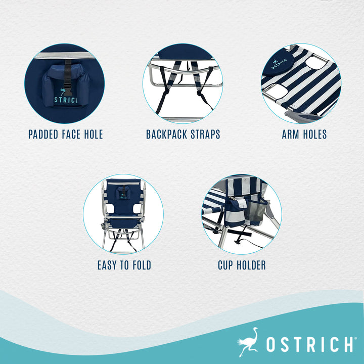 Deltess Ostrich 3 In 1 Portable Reclining Lounger, Blue/White (Open Box)