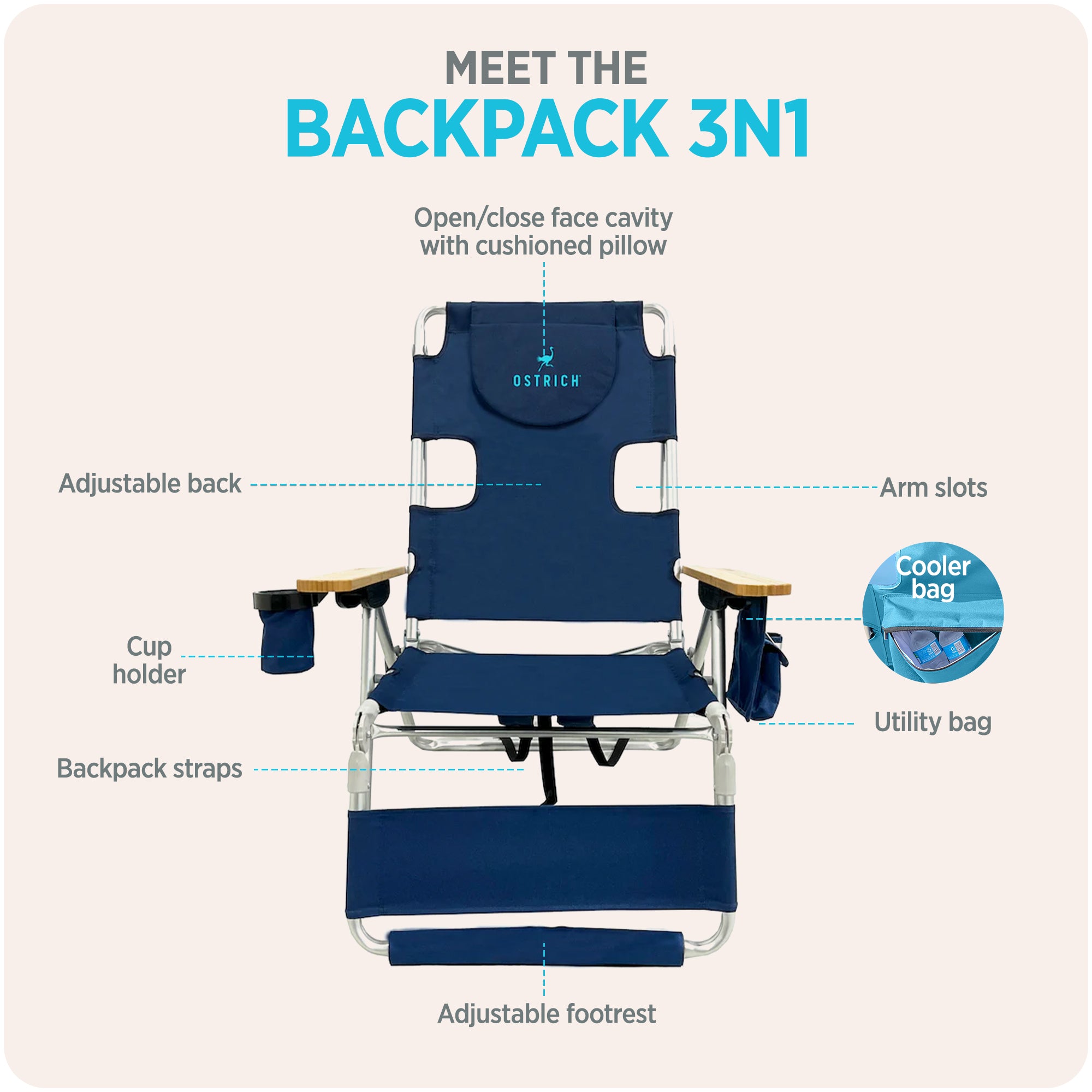 Deltess Ostrich 3 In 1 Portable Reclining Lounger, Navy Blue (Open Box) - VMInnovations