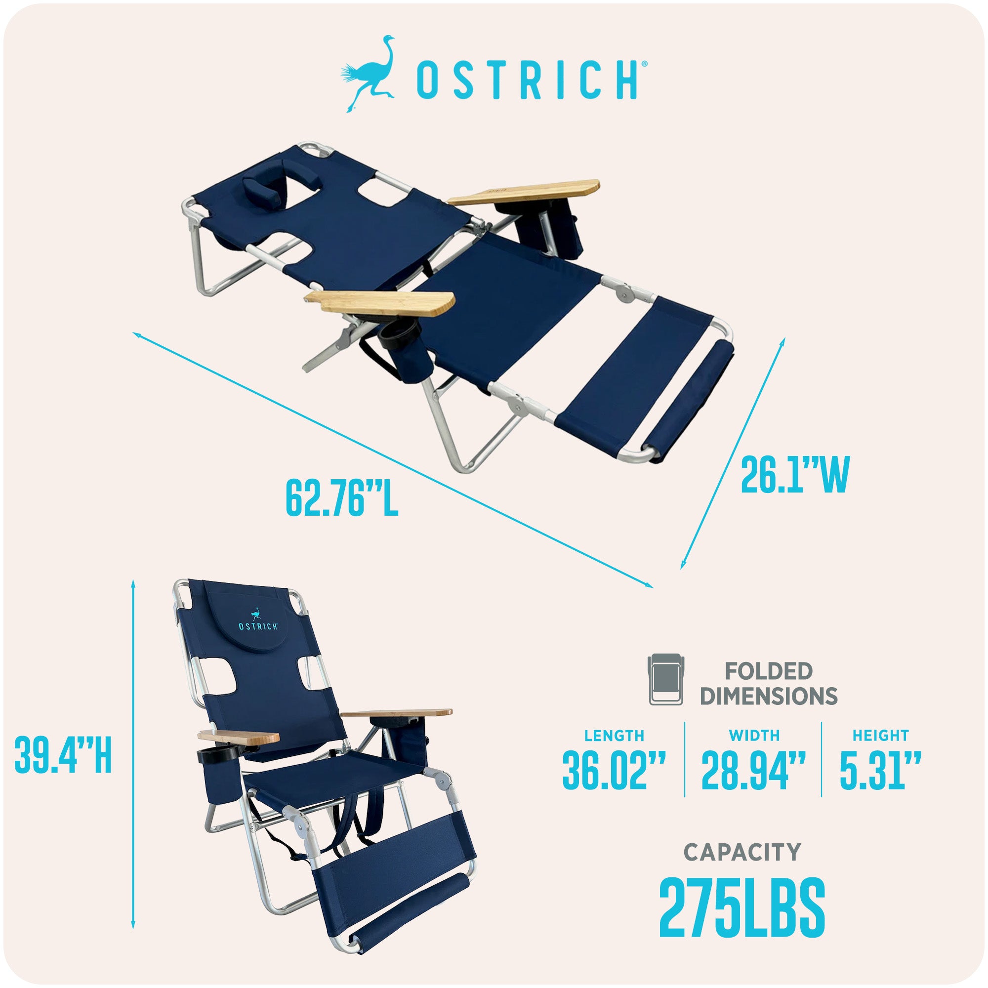 Deltess Ostrich 3 In 1 Portable Reclining Lounger, Navy Blue (Open Box) - VMInnovations