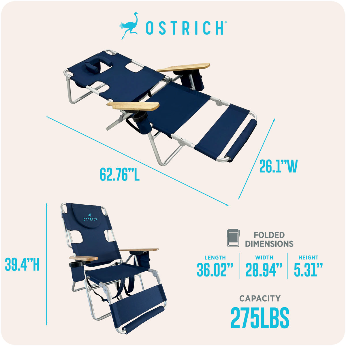 Ostrich The Woody Backpack 3N1 Lounge Chair w/ Cooler Bag & Custom Fitted Towel
