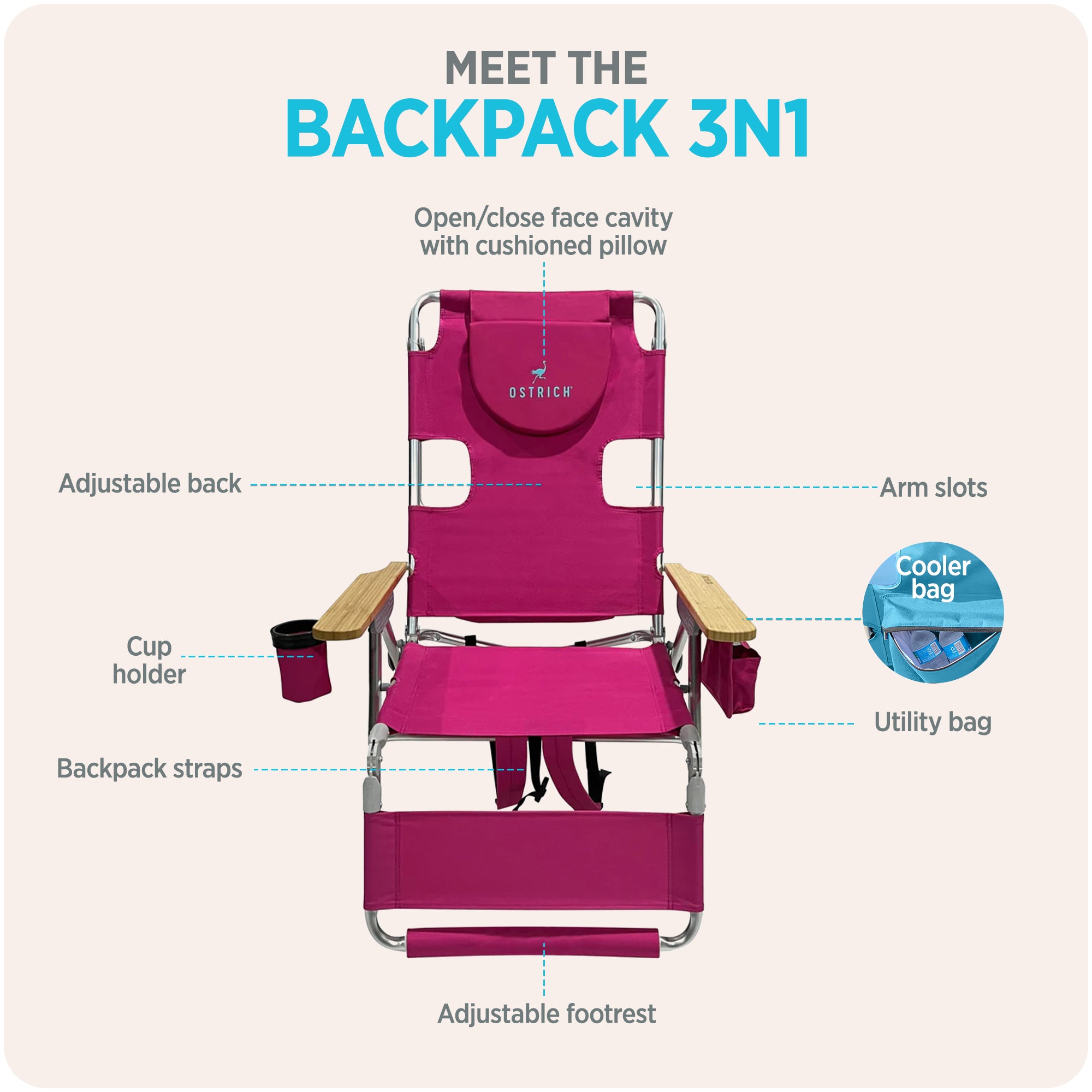 Ostrich The Woody Backpack 3N1 Chair Cooler Bag & Reclining Lounger, Pink
