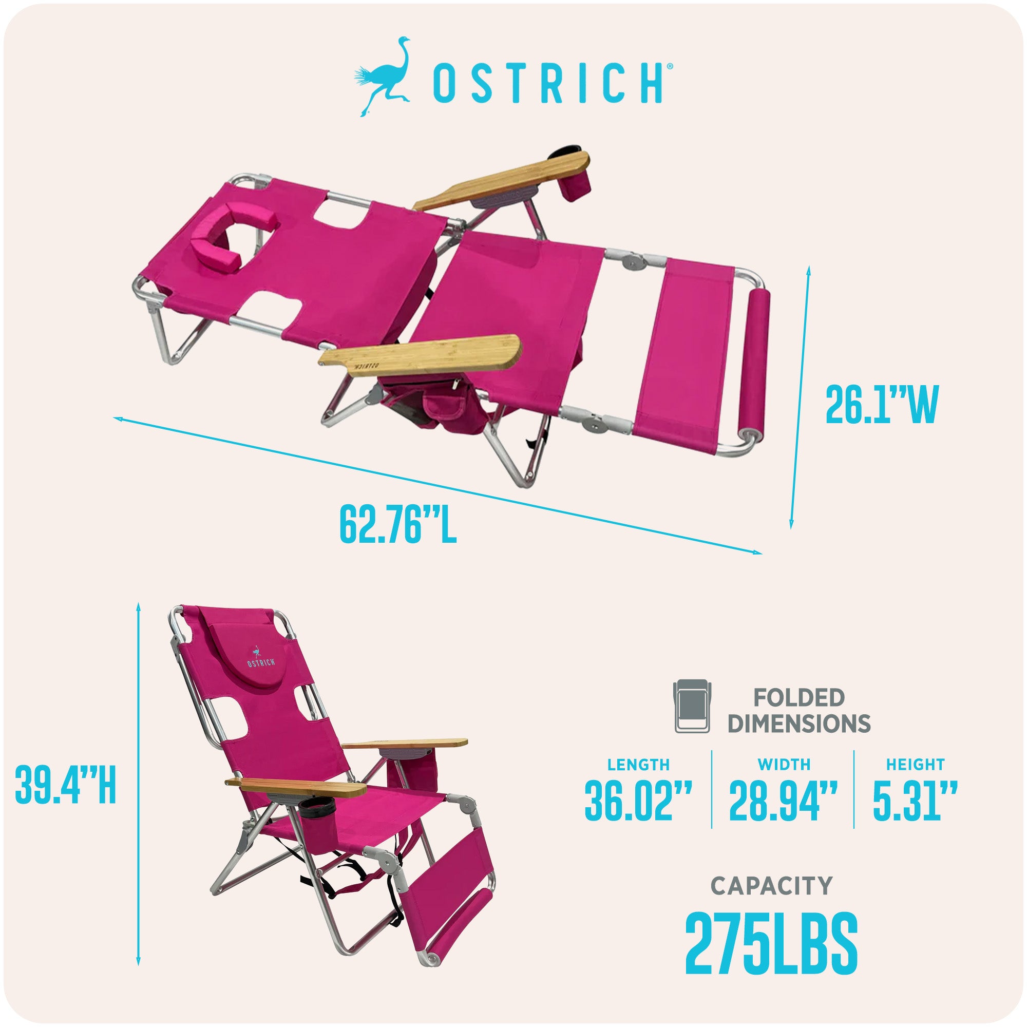 Ostrich The Woody Backpack 3N1 Chair Cooler Bag & Reclining Lounger, Pink