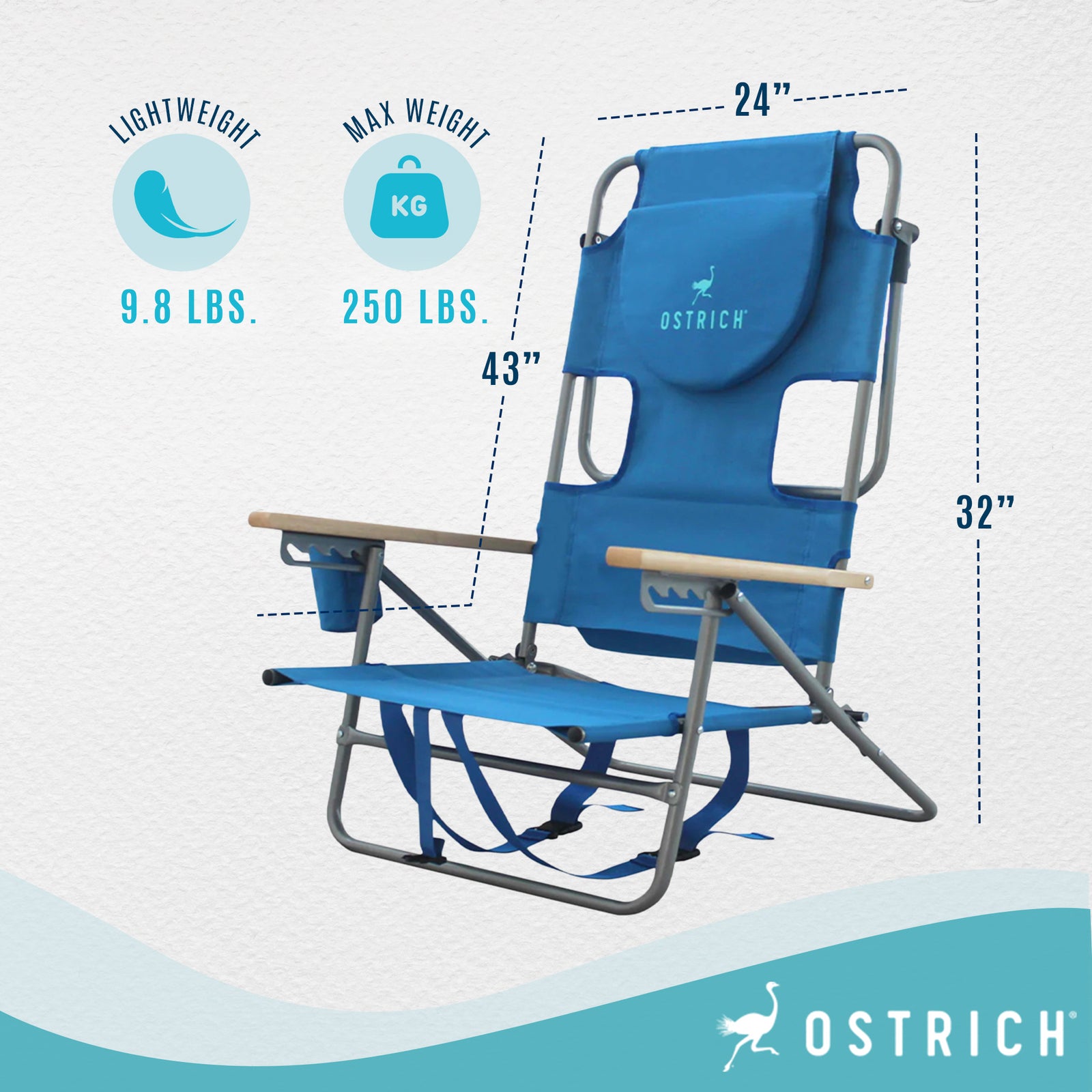 Ostrich Midsize Face Down Backpack Beach Chair with Face Hole, Blue (Open Box) - VMInnovations
