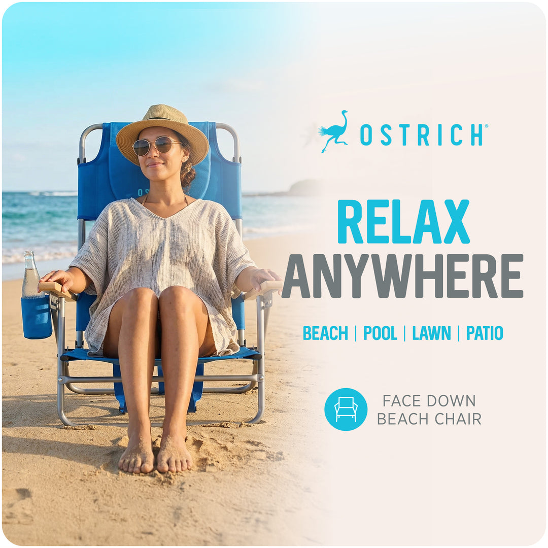 Ostrich The Tommy-O Backpacker Beach Chair with Face Hole & Cup Holder, Blue - VMInnovations