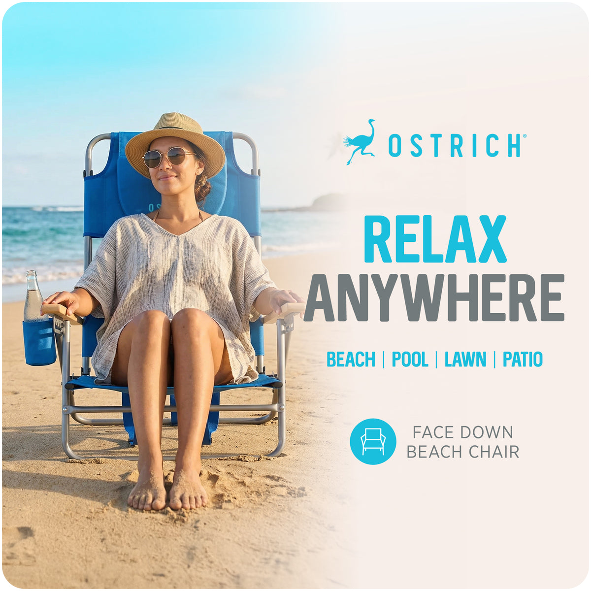 Ostrich The Tommy-O Backpacker Beach Chair with Face Hole & Cup Holder, Blue