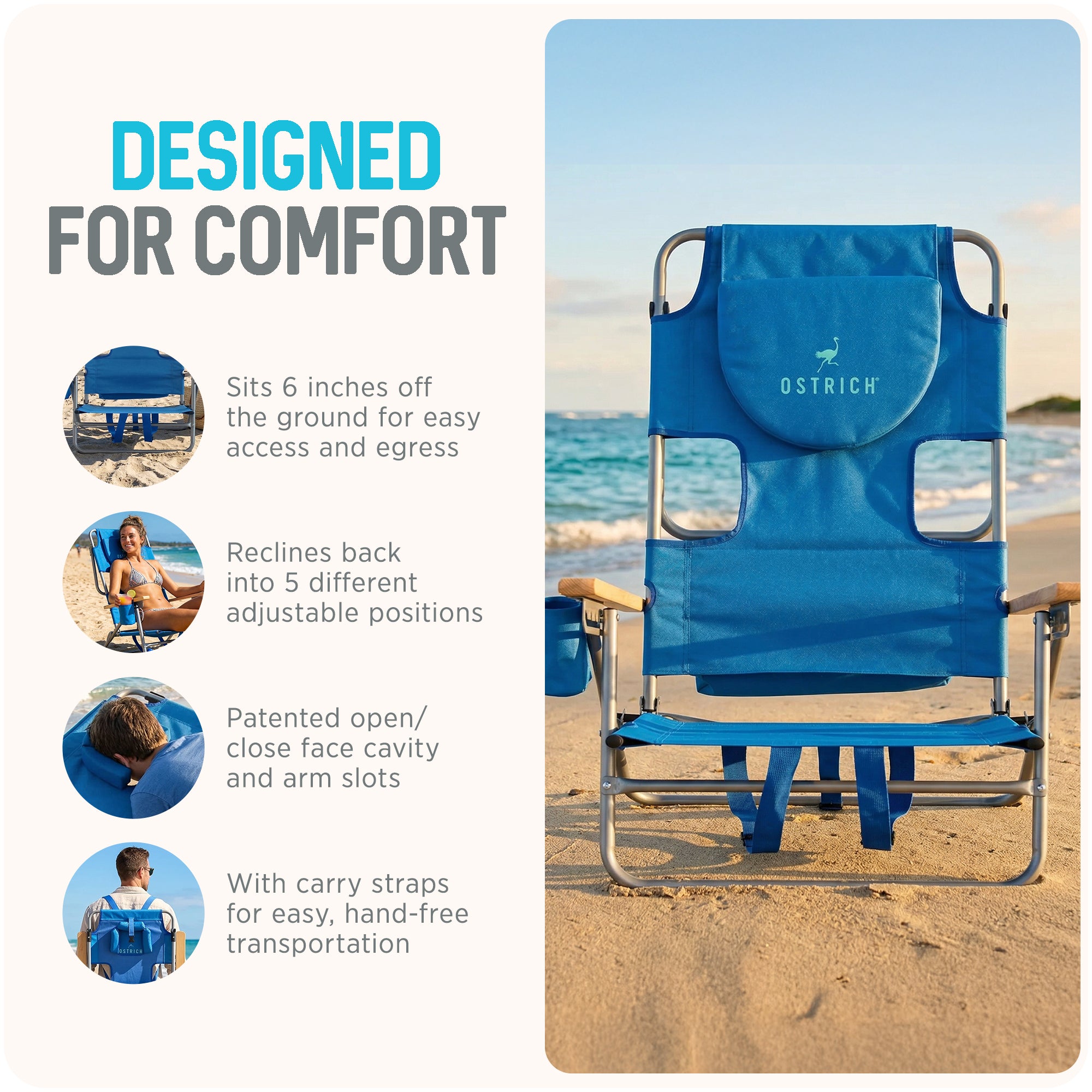 Ostrich Midsize Face Down Backpack Beach Chair with Face Hole, Blue (Open Box)