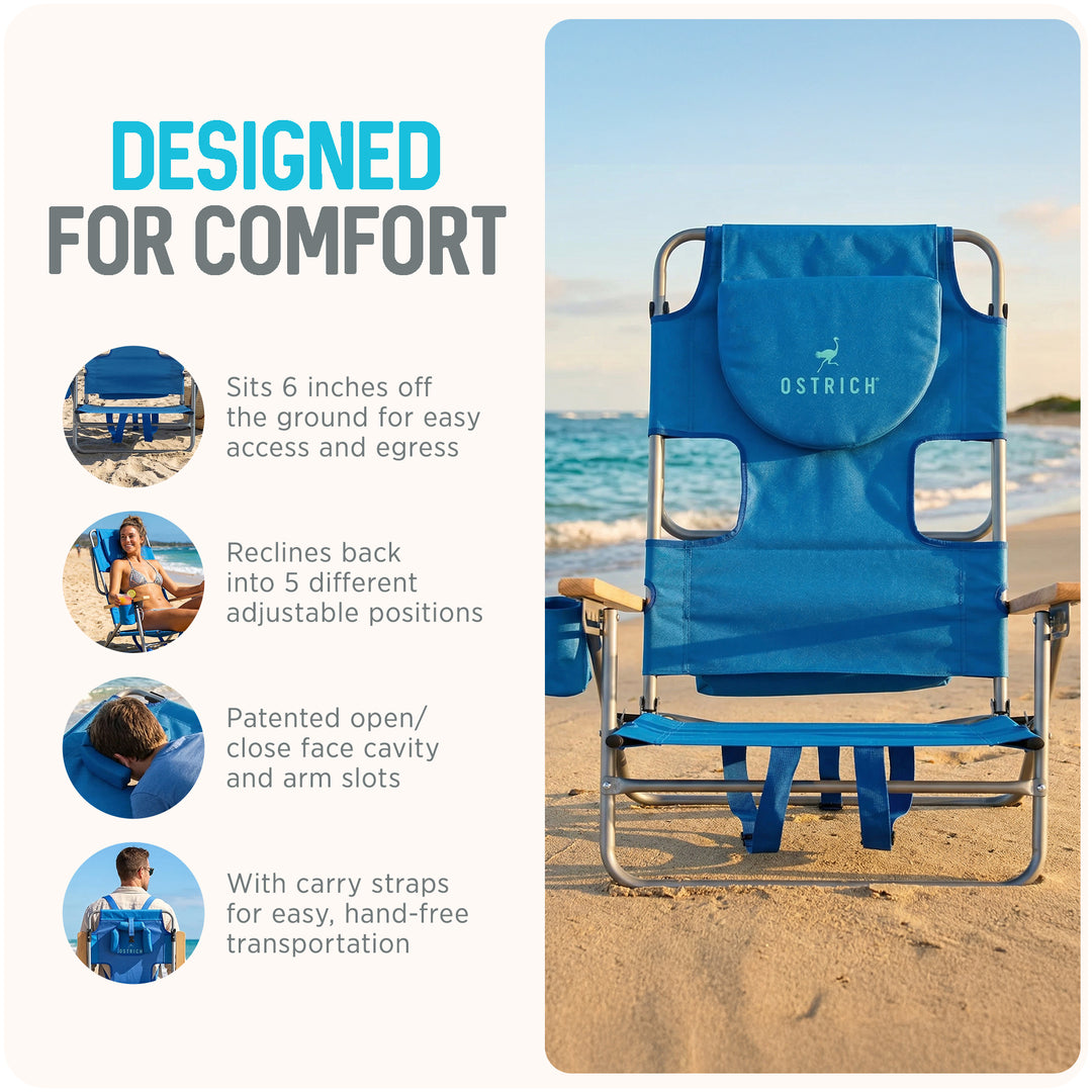 Ostrich The Tommy-O Backpacker Beach Chair with Face Hole & Cup Holder, Blue - VMInnovations
