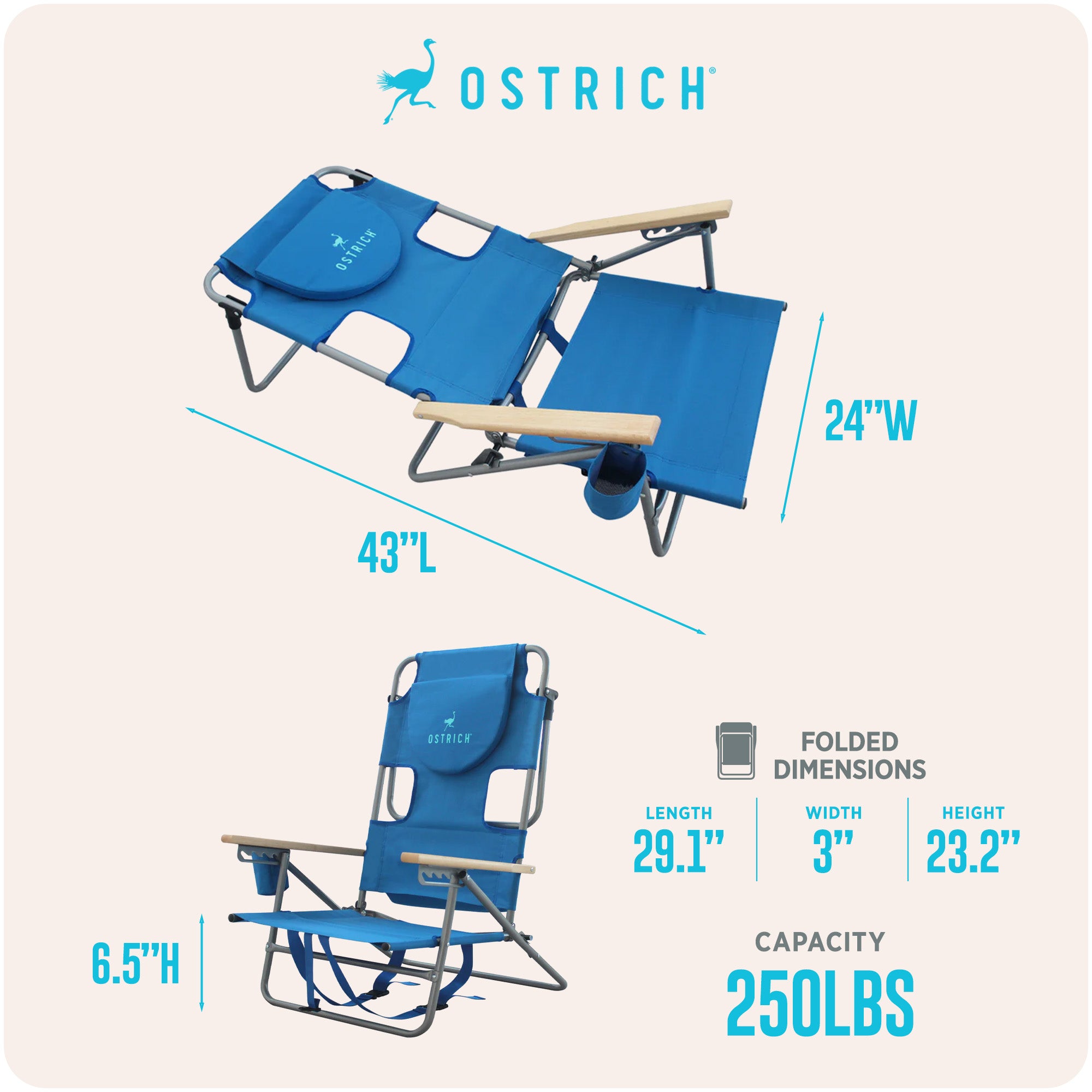 Ostrich Midsize Face Down Backpack Beach Chair with Face Hole, Blue (Open Box)