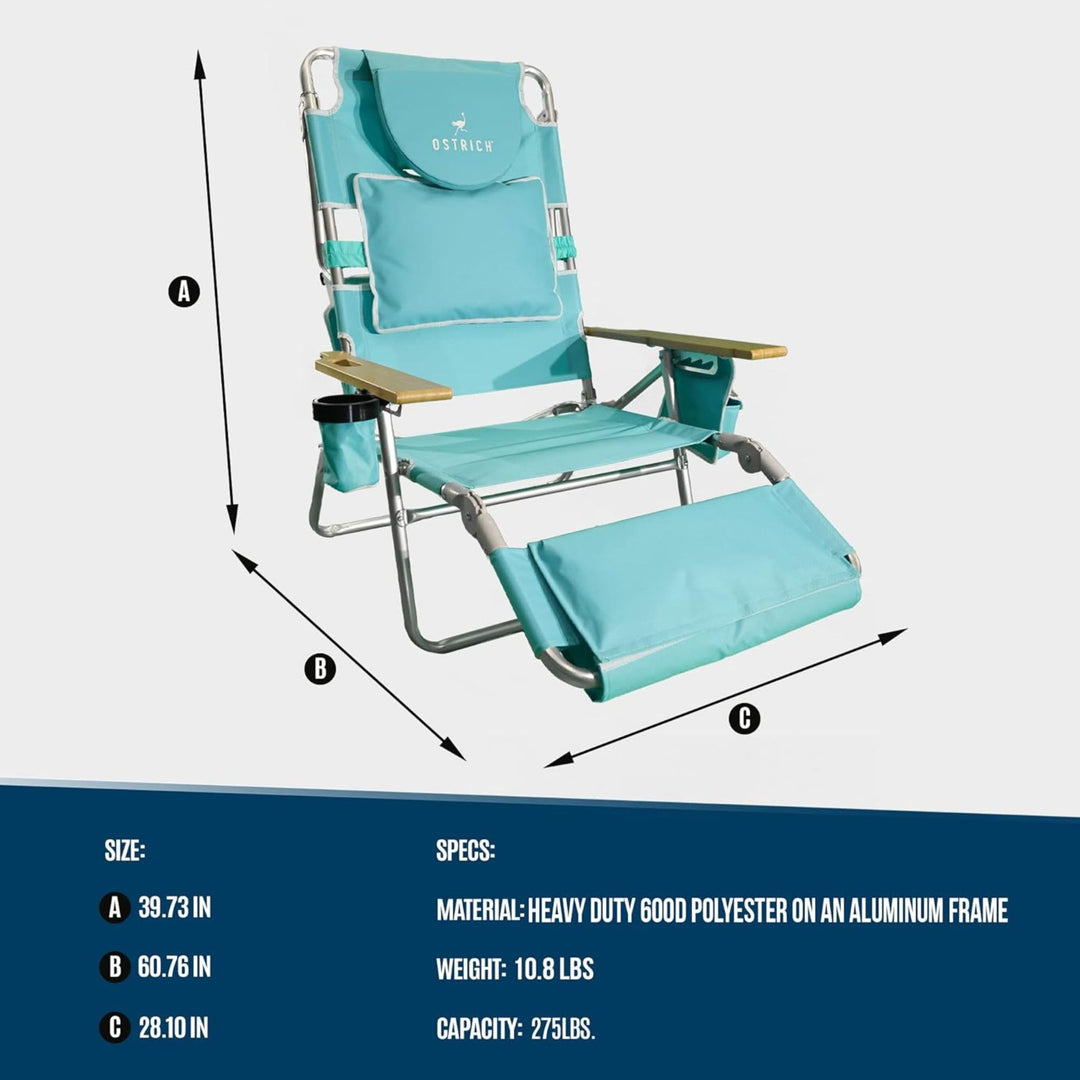 Ostrich Deluxe 3N1 Lightweight Outdoor Lawn Beach Lounge Chair w/Footrest, Aqua