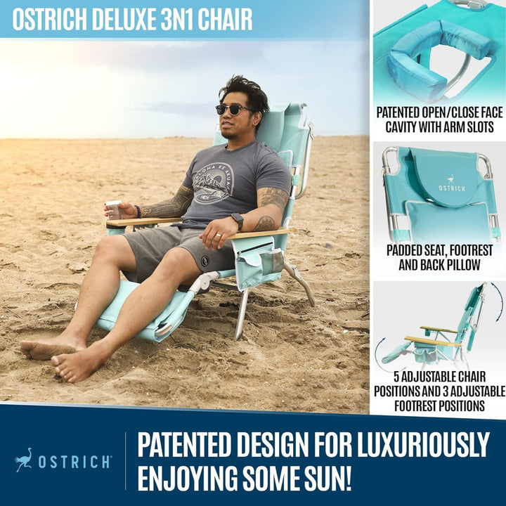 Ostrich Deluxe 3N1 Lightweight Outdoor Lawn Beach Lounge Chair w/Footrest, Aqua